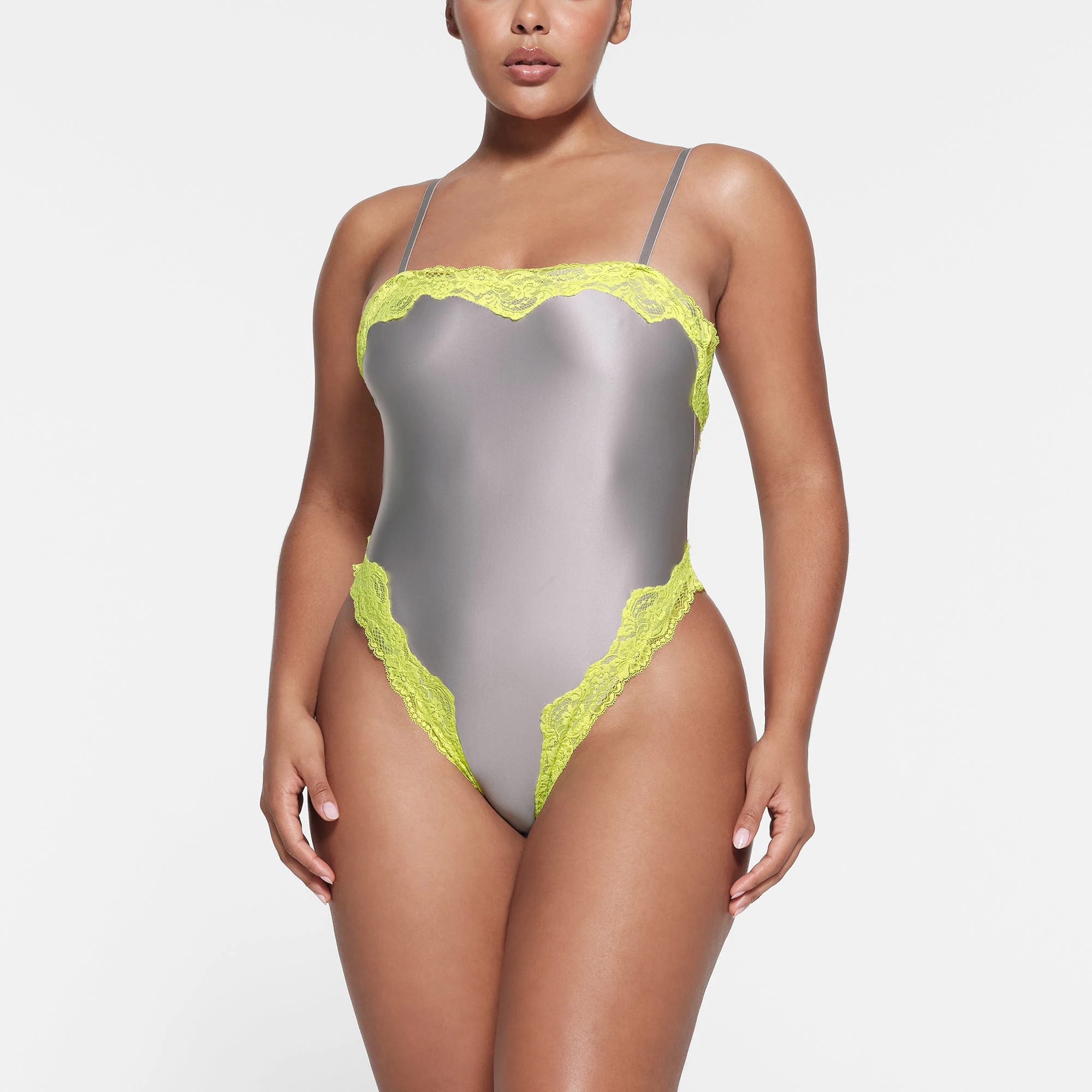 LACE SWIM CAMI ONE PIECE | CHROME ON A MODEL FRONT VIEW