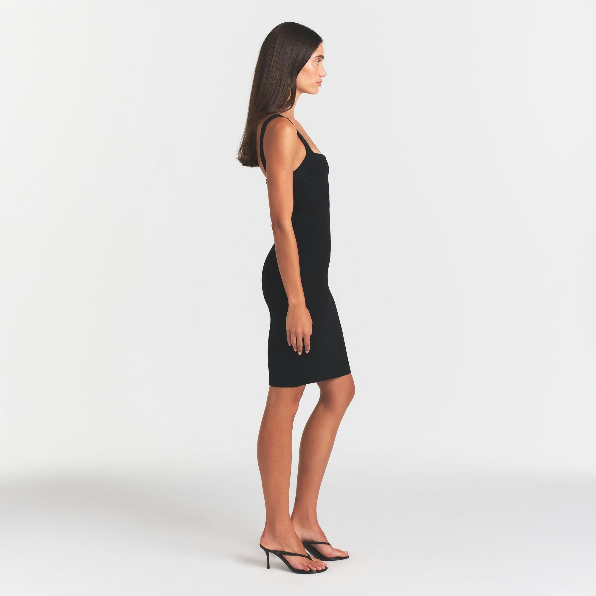REFINED KNIT MIDI DRESS | OBSIDIAN ON A MODEL FRONT VIEW @ | FOCUS: 0.0, 1.0, 0.9