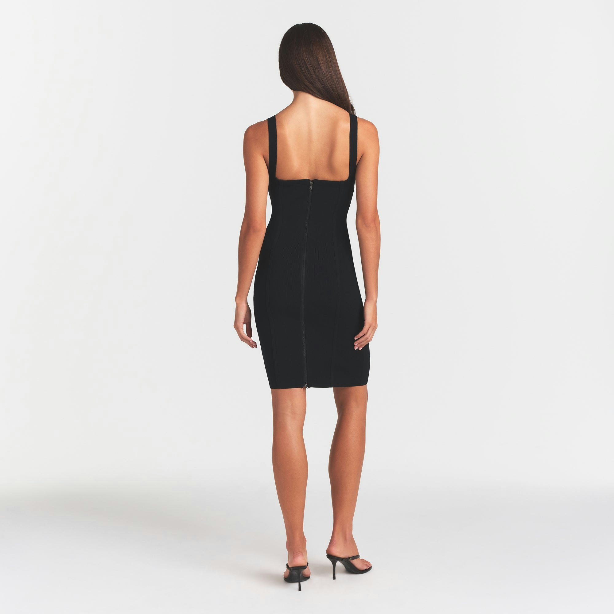 REFINED KNIT MIDI DRESS | OBSIDIAN ON A MODEL FRONT VIEW @ | FOCUS: 0.0, 1.0, 0.9