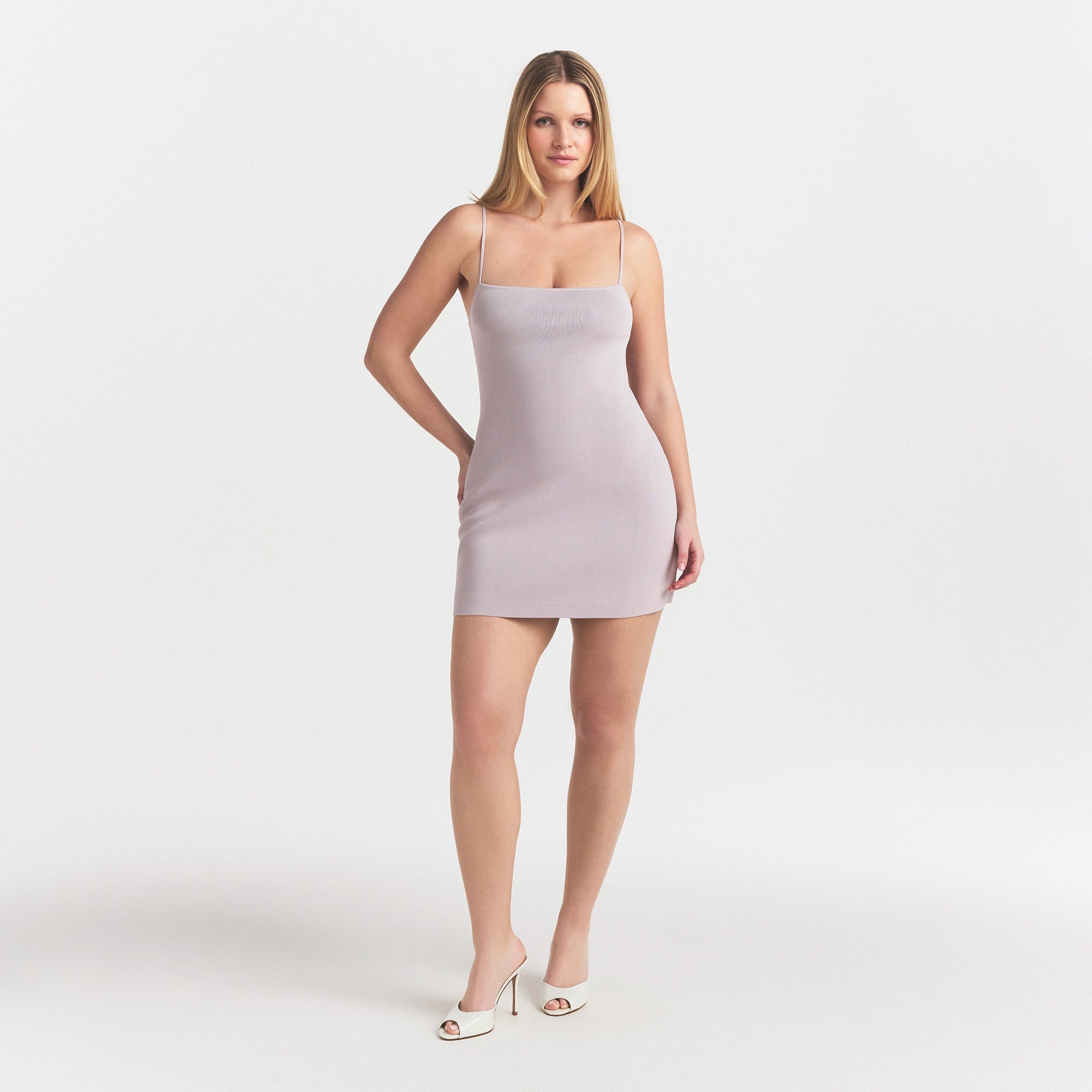 REFINED KNIT MINI DRESS | IRIS MICA ON A MODEL FRONT VIEW @ | FOCUS: 0.0, 1.0, 0.9