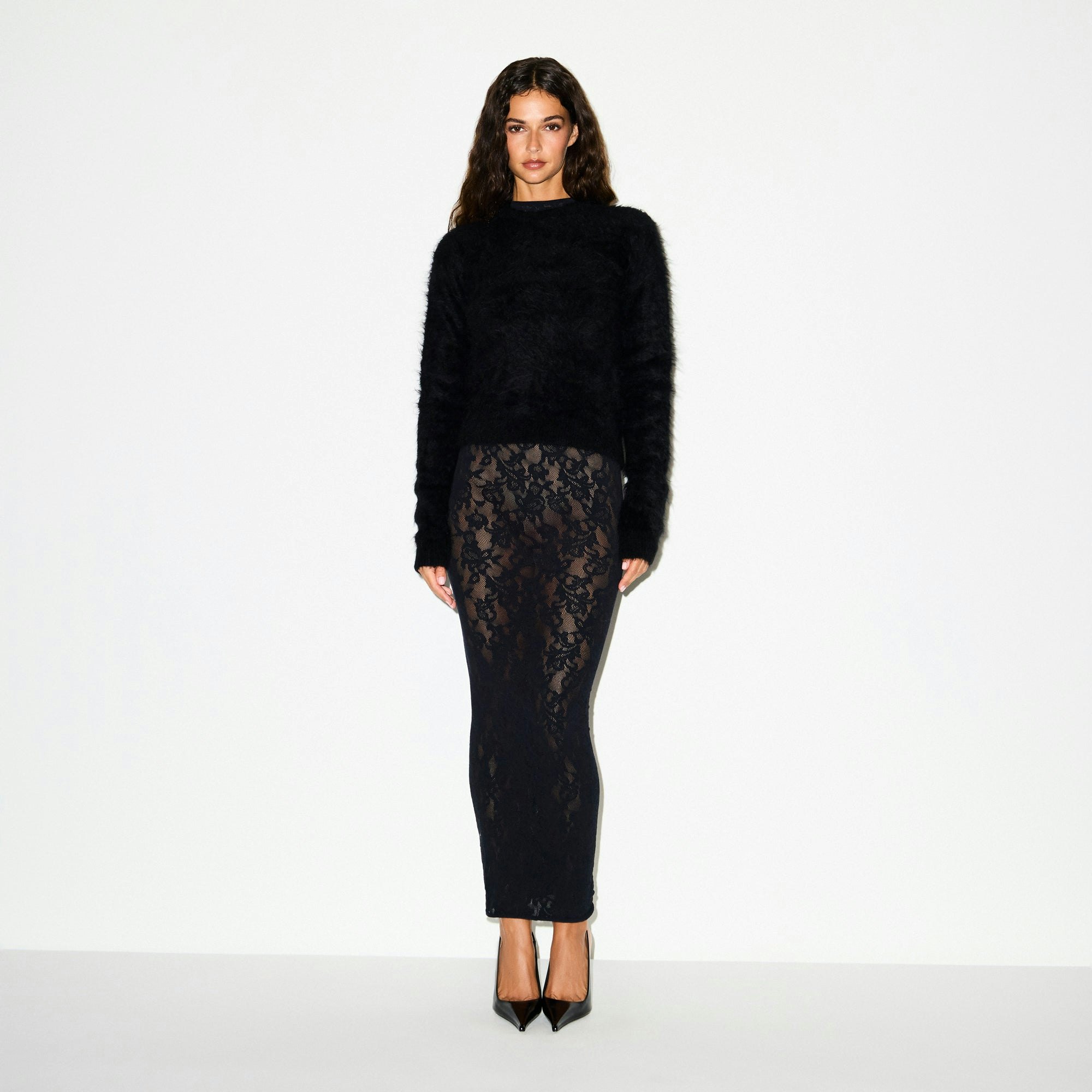 KNIT LACE MOCK NECK LONG DRESS | OBSIDIAN ON A MODEL FRONT VIEW @ | FOCUS: 0.0, 1.0, 0.9