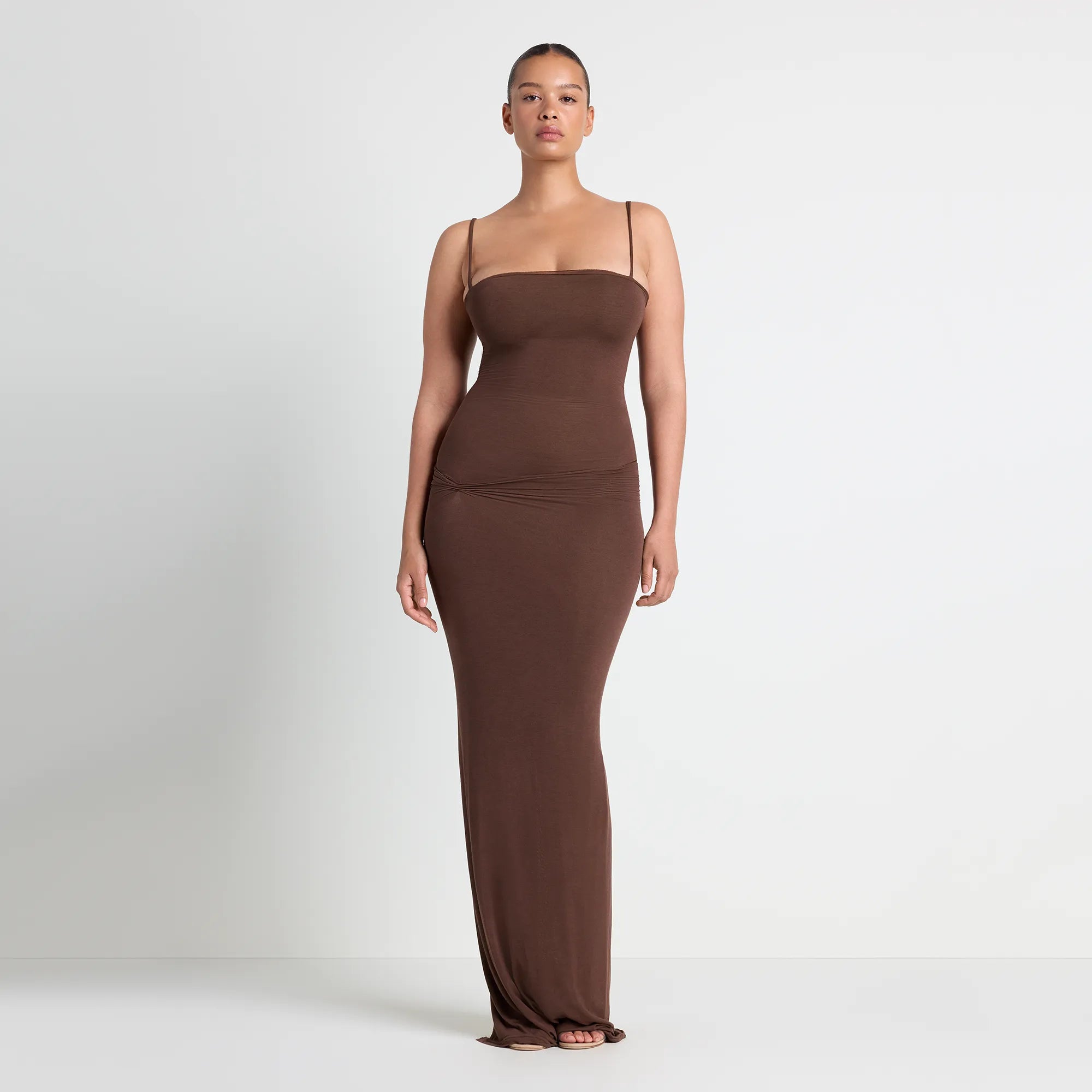 VETTESE X SKIMS SHEER MODAL LONG DRESS  | COCOA ON A MODEL FRONT VIEW | FOCUS: 0.0, 1.0, 0.9