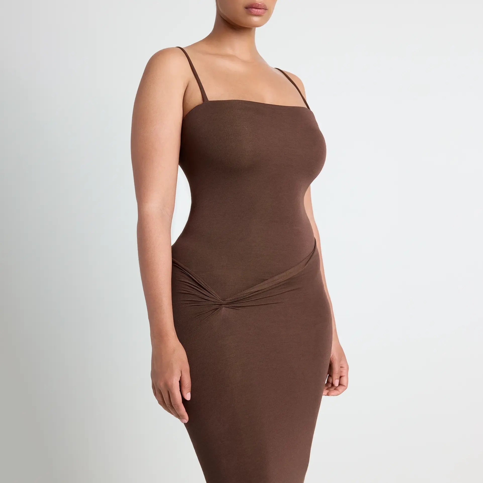 VETTESE X SKIMS SHEER MODAL LONG DRESS  | COCOA ON A MODEL SIDE VIEW | FOCUS: 0.0, 1.0, 0.9