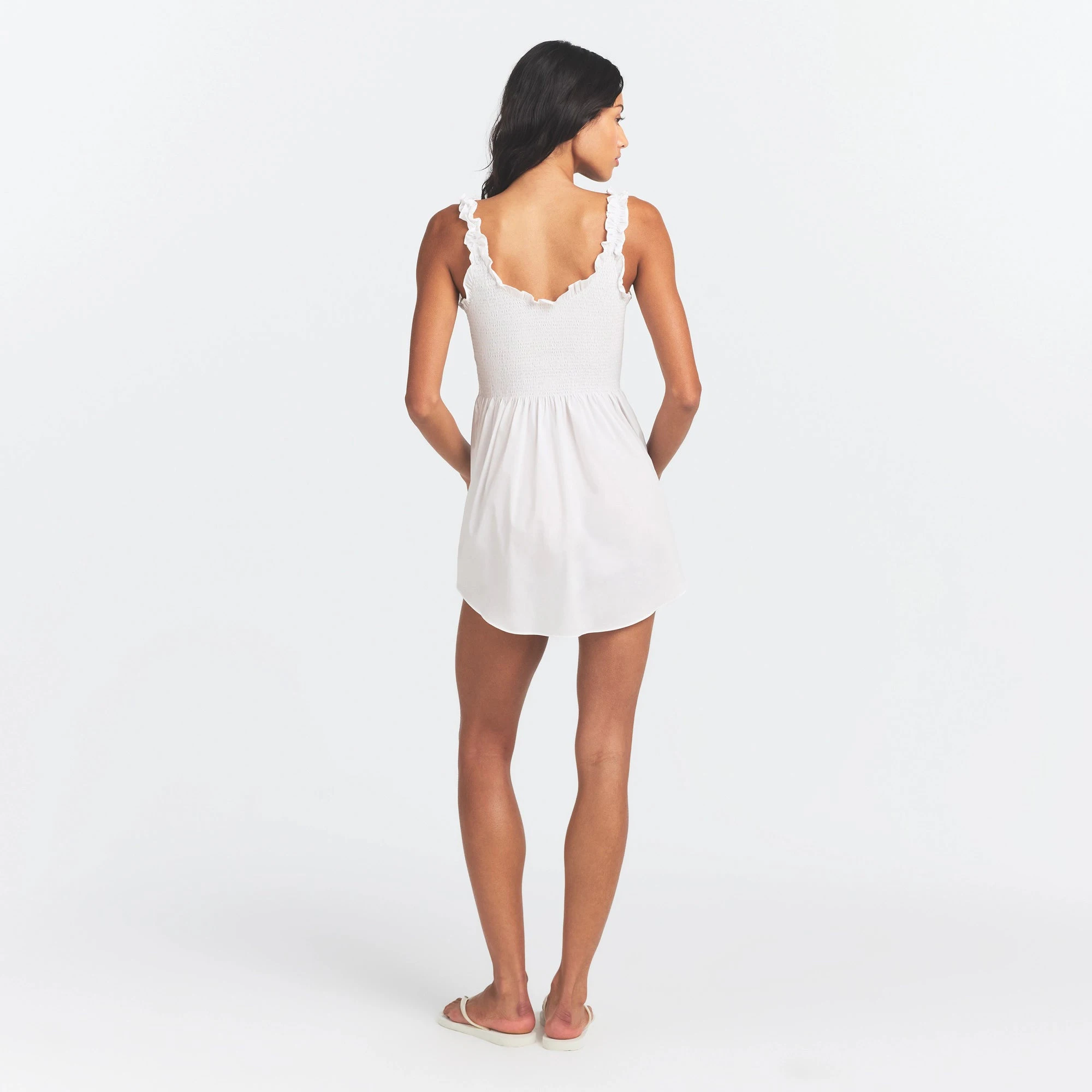 COTTON POPLIN MINI SMOCKED DRESS | SNOW ON A MODEL FRONT VIEW @ | FOCUS: 0.0, 1.0, 0.9