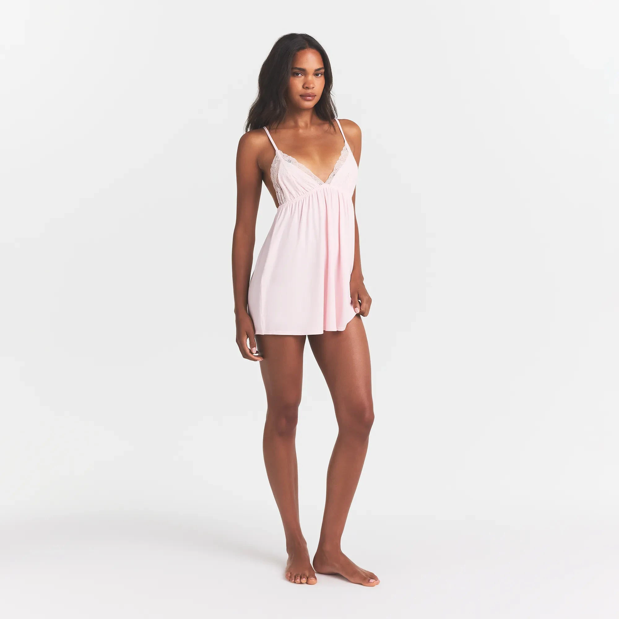 SKIMS SLEEP BABYDOLL DRESS | BARELY PINK ON A MODEL FRONT VIEW @ | FOCUS: 0.0, 1.0, 0.9