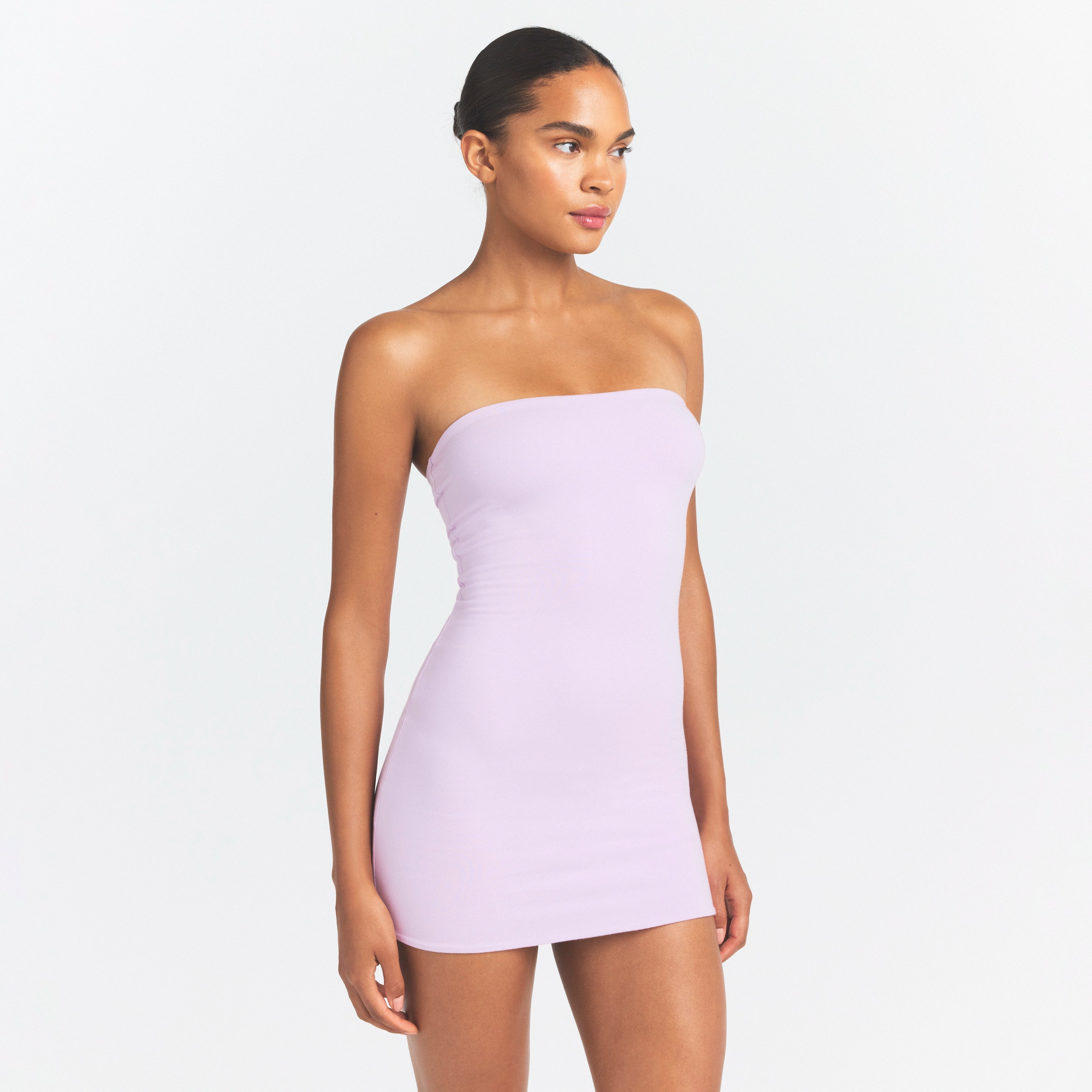 COTTON JERSEY MINI TUBE DRESS | SUGAR PLUM ON A MODEL SIDE VIEW @ | FOCUS: 0.0, 1.0, 0.9