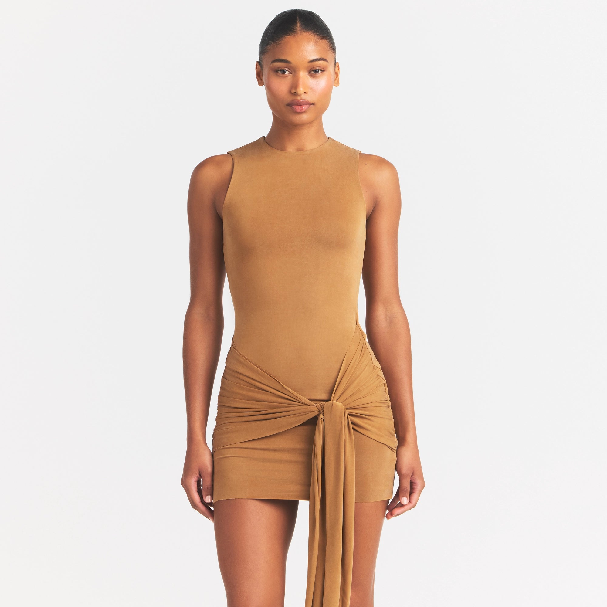 CUPRO JERSEY WRAP MINI DRESS | ALMOND ON A MODEL SIDE VIEW @ | FOCUS: 0.0, 1.0, 0.9