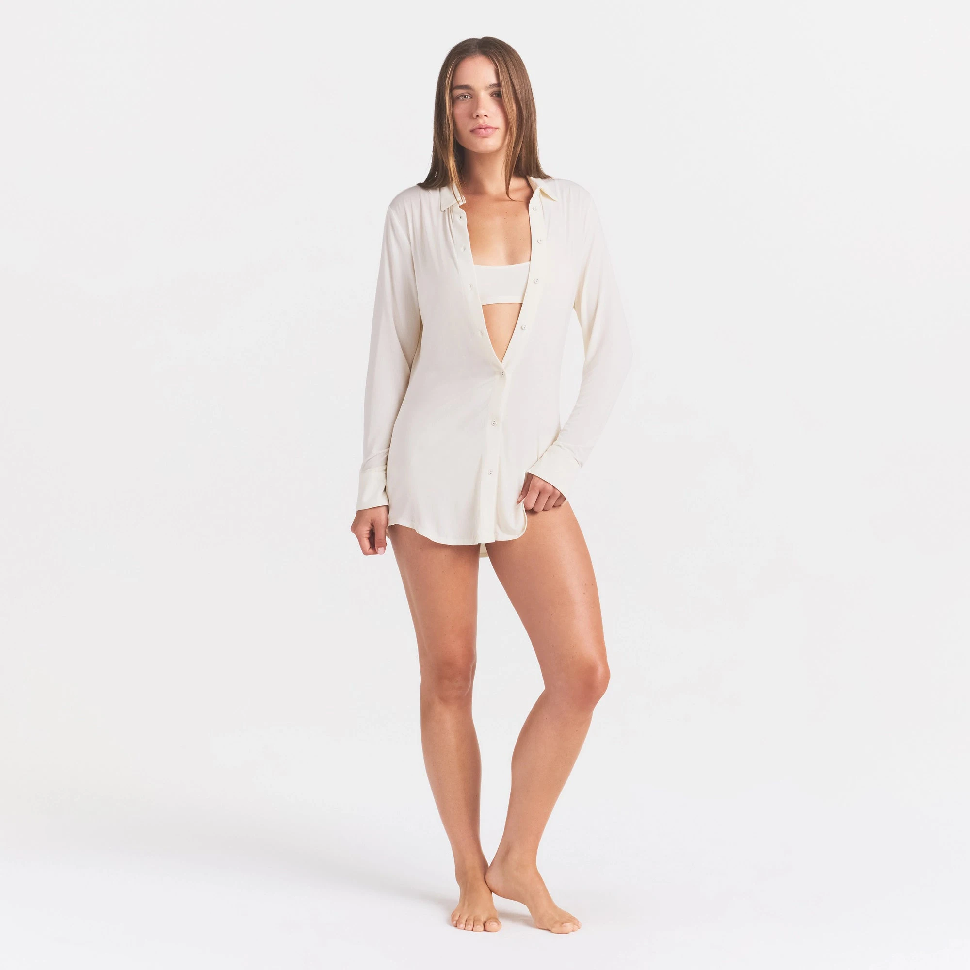 CLOUD SLEEP SHIRT DRESS | ECRU ON A MODEL FRONT VIEW @ | FOCUS: 0.0, 1.0, 0.9