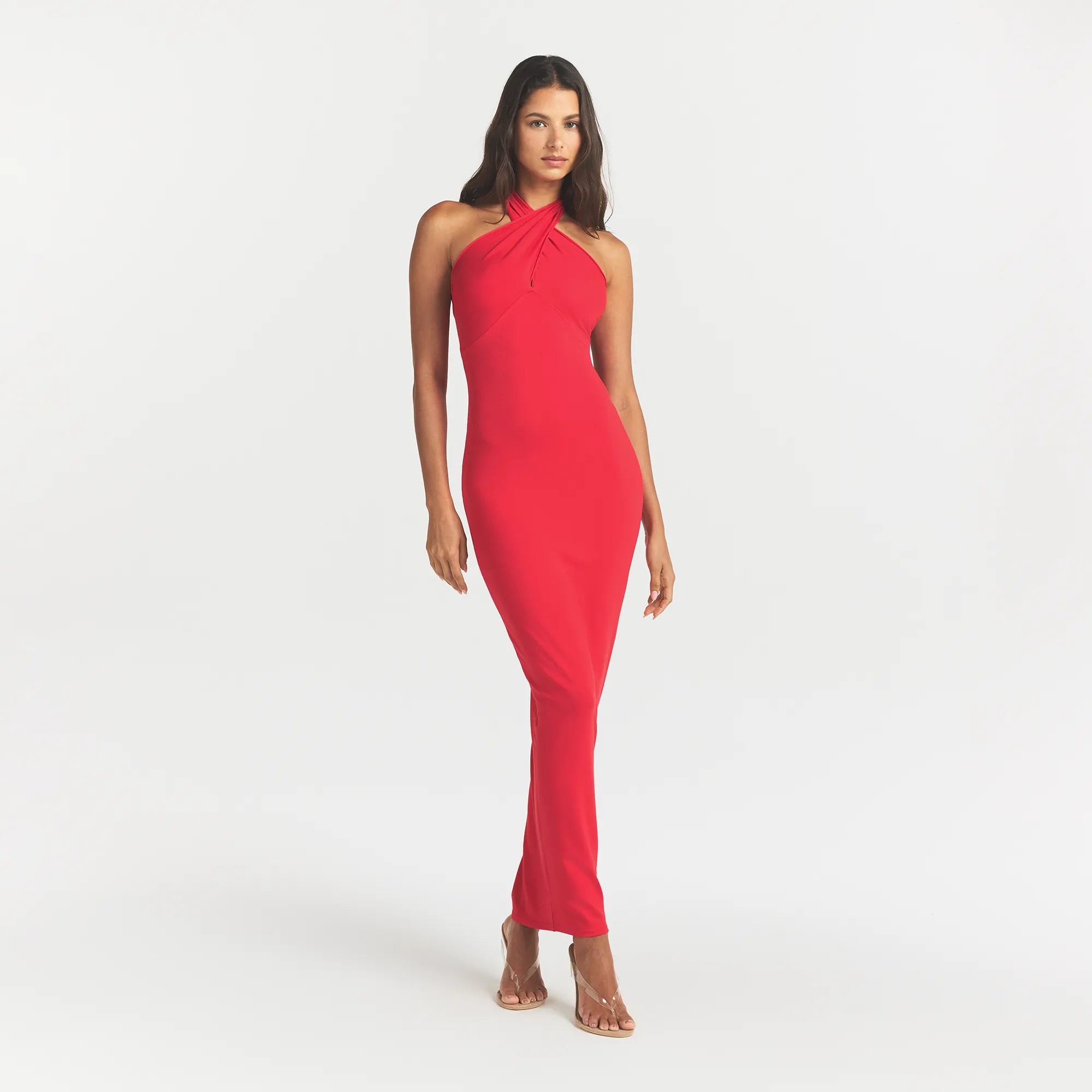 SMOOTH LAYERS CONVERTIBLE LONG DRESS | CARMINE ON A MODEL FRONT VIEW @ | FOCUS: 0.0, 1.0, 0.9