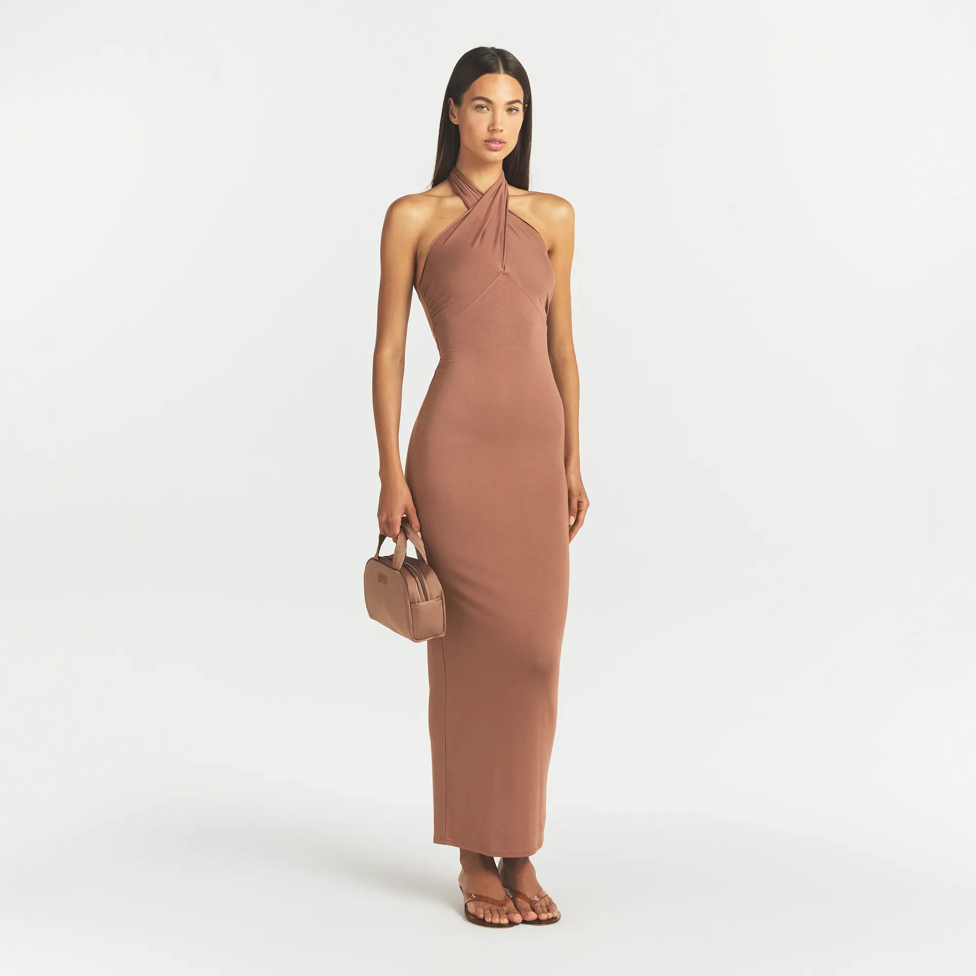 SMOOTH LAYERS CONVERTIBLE LONG DRESS | NUTMEG ON A MODEL FRONT VIEW @ | FOCUS: 0.0, 1.0, 0.9