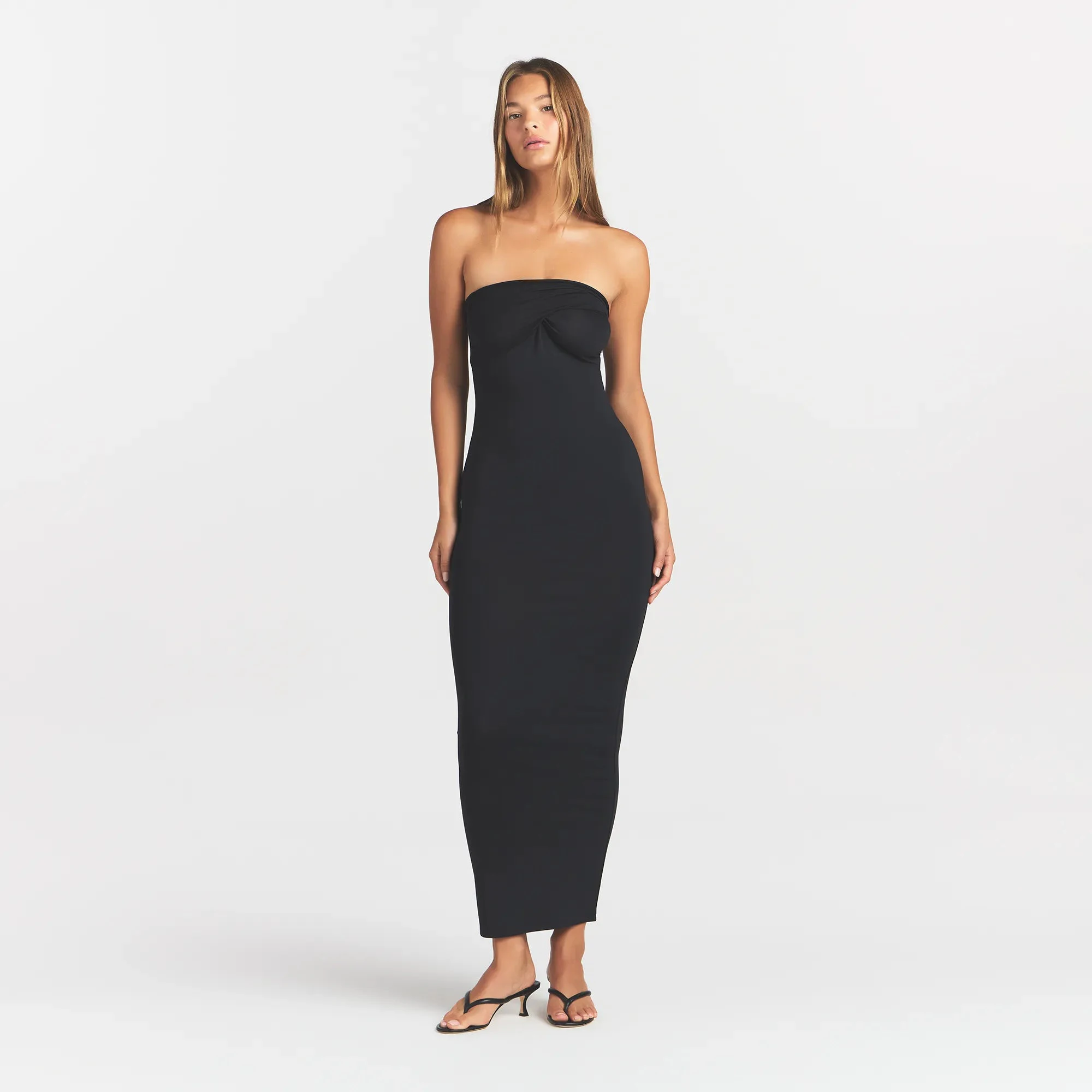 SMOOTH LAYERS CONVERTIBLE LONG DRESS | OBSIDIAN ON A MODEL FRONT VIEW @ | FOCUS: 0.0, 1.0, 0.9