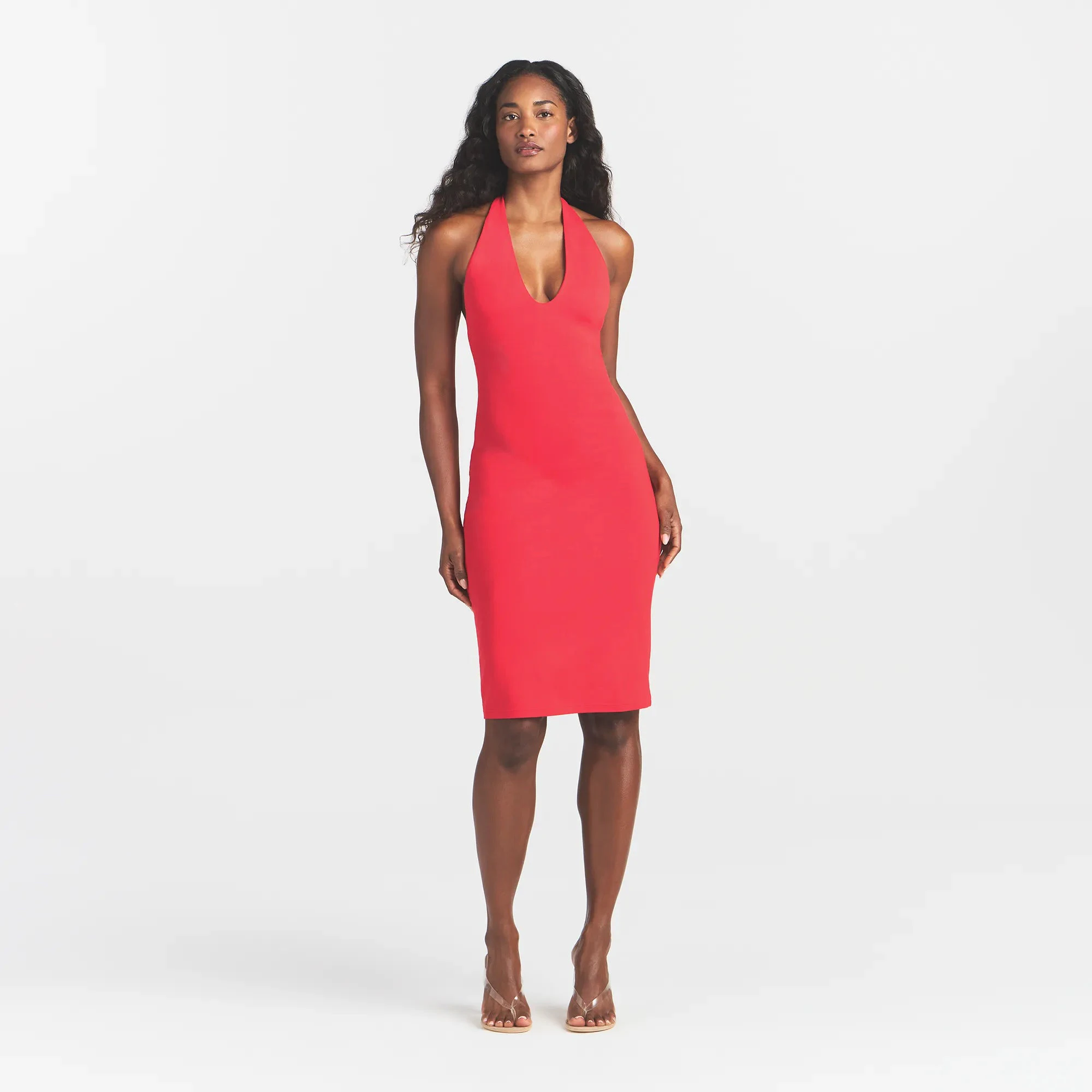 SMOOTH LAYERS HALTER MIDI DRESS | CARMINE ON A MODEL FRONT VIEW @ | FOCUS: 0.0, 1.0, 0.9