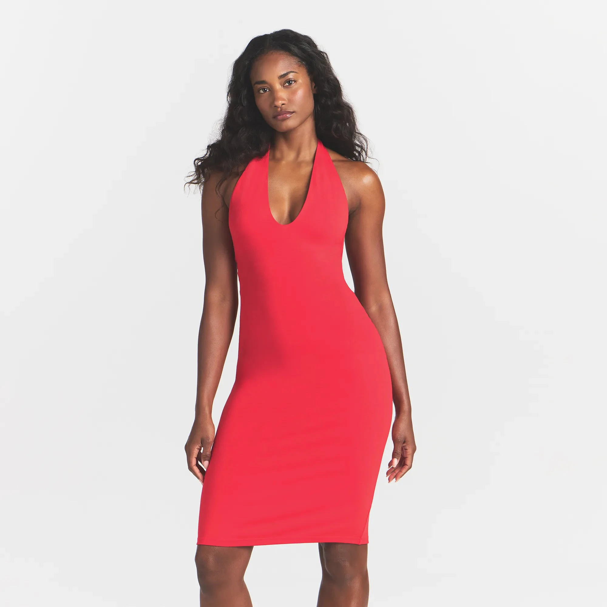 SMOOTH LAYERS HALTER MIDI DRESS | CARMINE ON A MODEL FRONT VIEW @ | FOCUS: 0.0, 1.0, 0.9