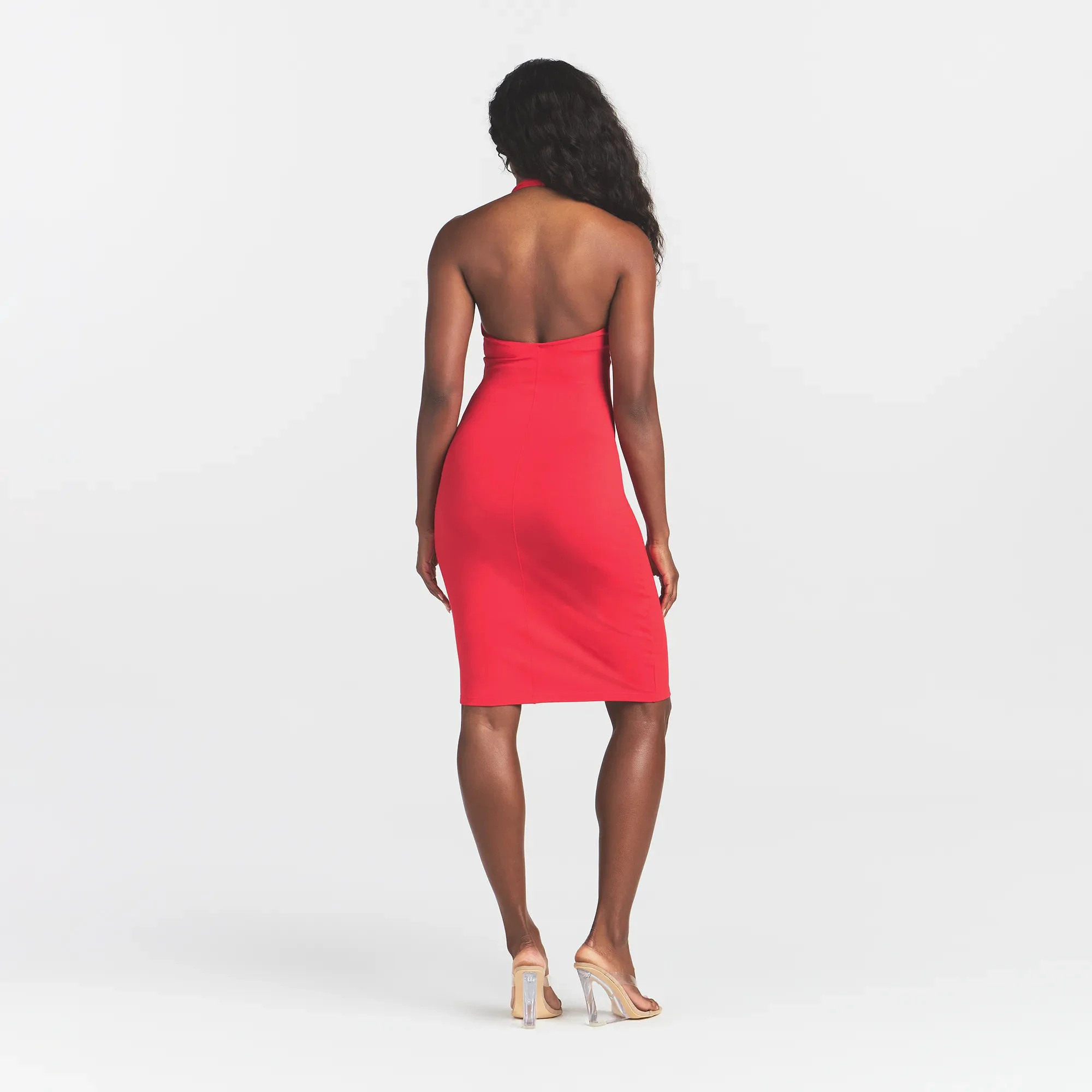 SMOOTH LAYERS HALTER MIDI DRESS | CARMINE ON A MODEL BACK VIEW @ | FOCUS: 0.0, 1.0, 0.9