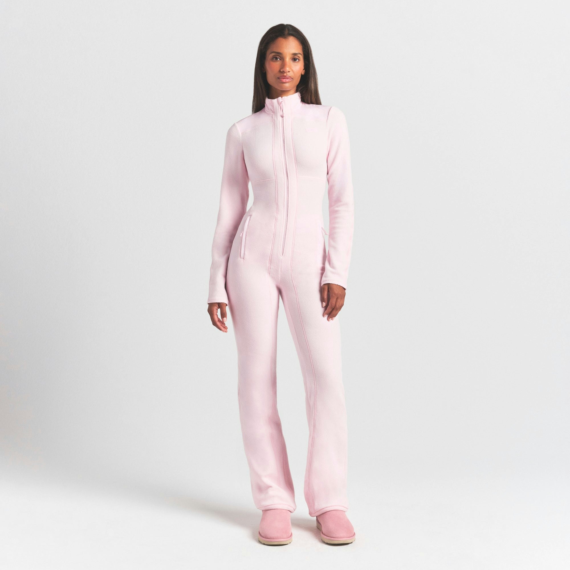 OUTDOOR FLEECE CATSUIT | CHERRY BLOSSOM ON A MODEL FRONT VIEW @ | FOCUS: 0.0, 1.0, 0.9