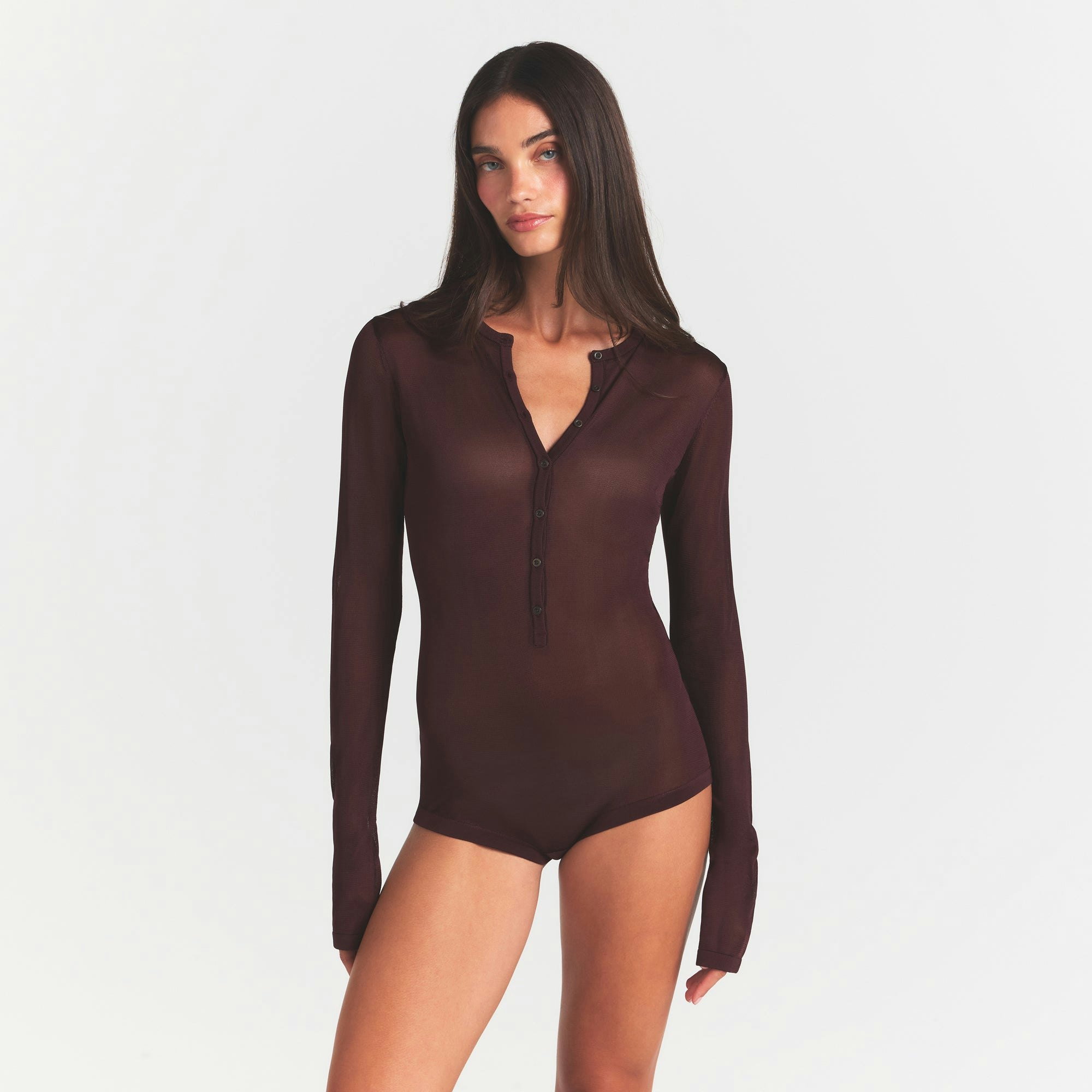 SLINKY KNIT BUTTON UP HENLEY ONESIE | CURRANT ON A MODEL SIDE VIEW @ | FOCUS: 0.0, 1.0, 0.9