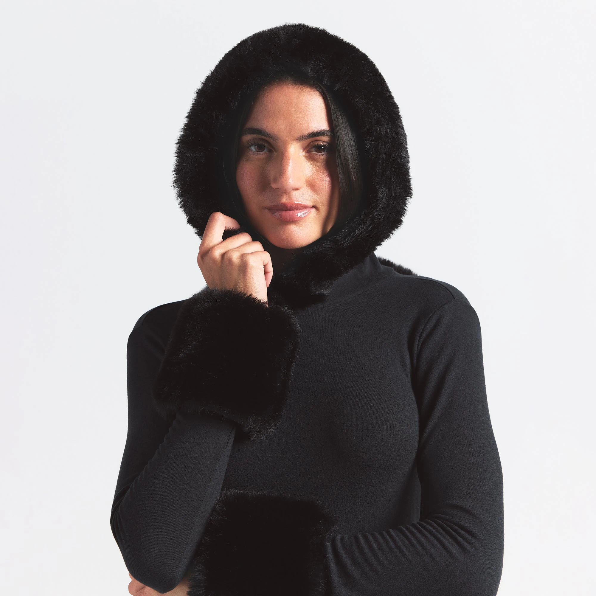 SKIMS CLOUD HOODED CATSUIT | ONYX ON A MODEL FRONT VIEW @ | FOCUS: 0.0, 1.0, 0.9