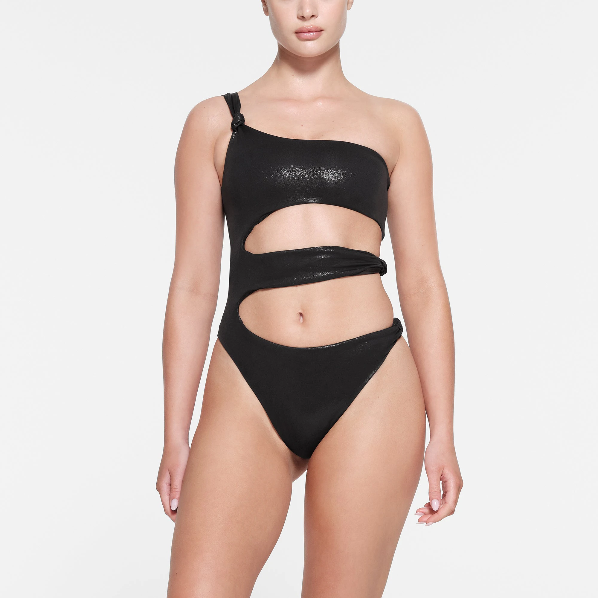 LIQUID SHINE SWIM KNOTTED ONE SHOULDER MONOKINI | ONYX ON A MODEL FRONT VIEW