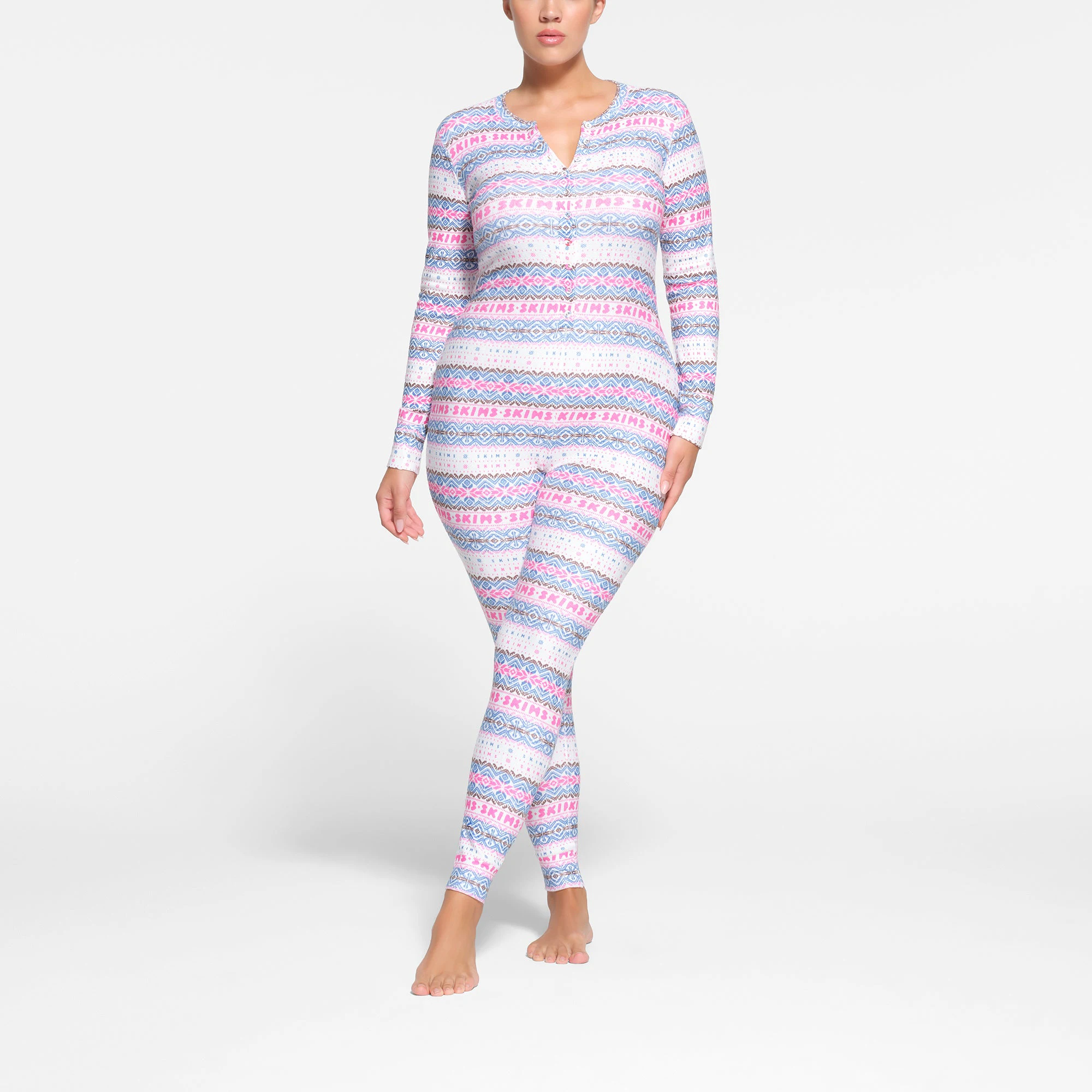 LOGO PLUSH POINTELLE HENLEY ONESIE | OPAL FAIR ISLE ON A MODEL FRONT VIEW