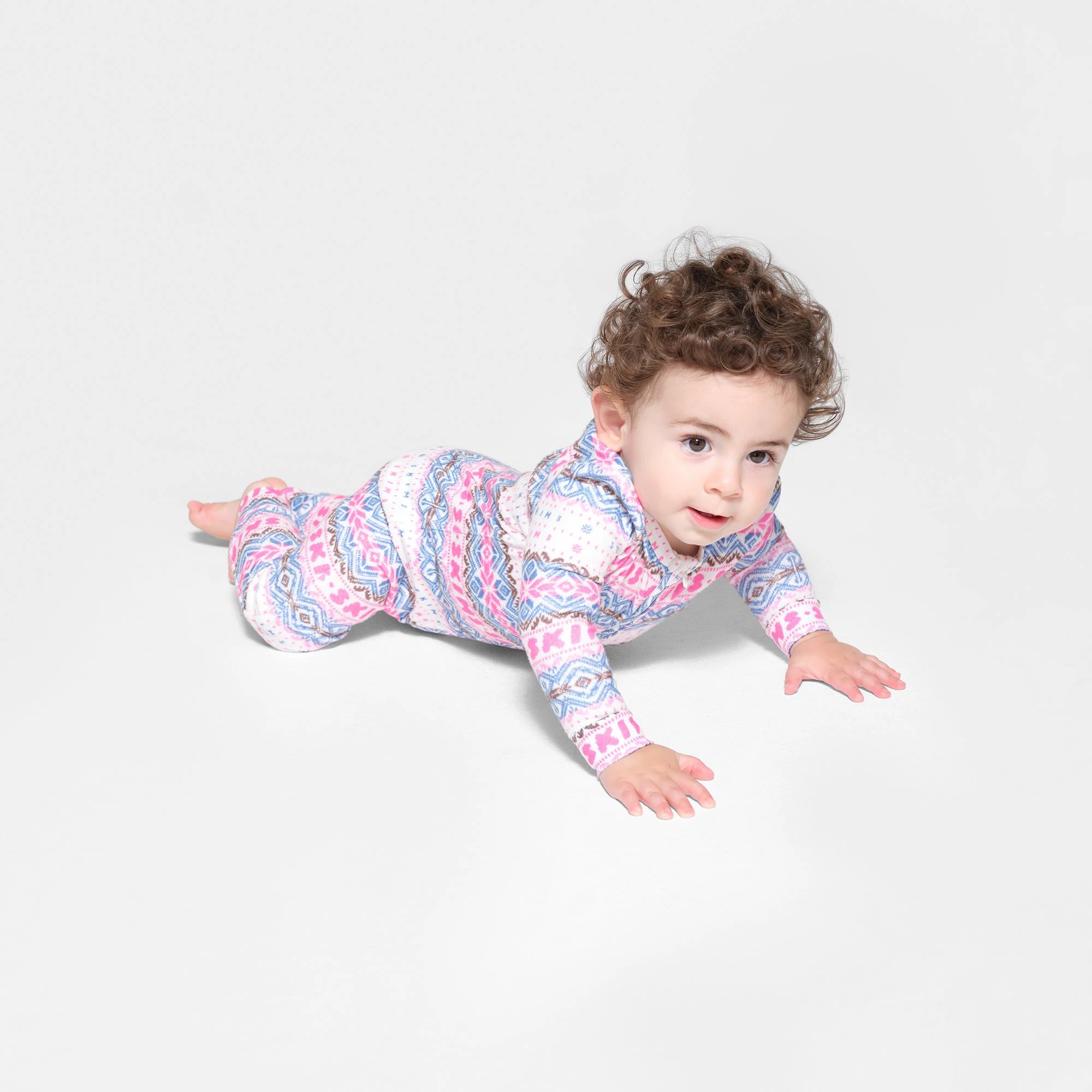 LOGO PLUSH POINTELLE BABY ONESIE | OPAL FAIR ISLE ON A MODEL SIDE VIEW