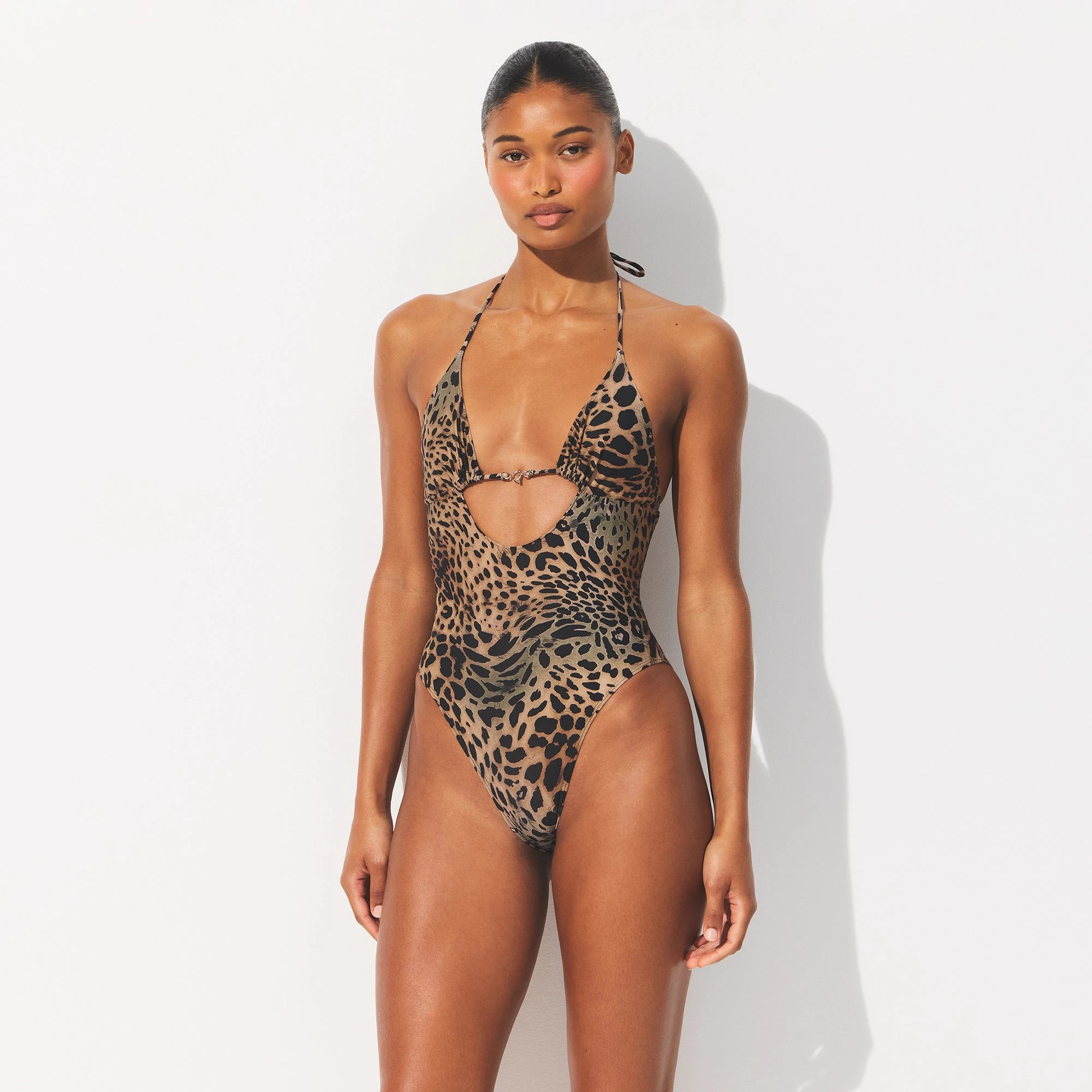 ICONIC SWIM HARDWARE ONE PIECE | CHEETAH SKIN PRINT ON A MODEL FRONT VIEW @ | FOCUS: 0.0, 1.0, 0.9