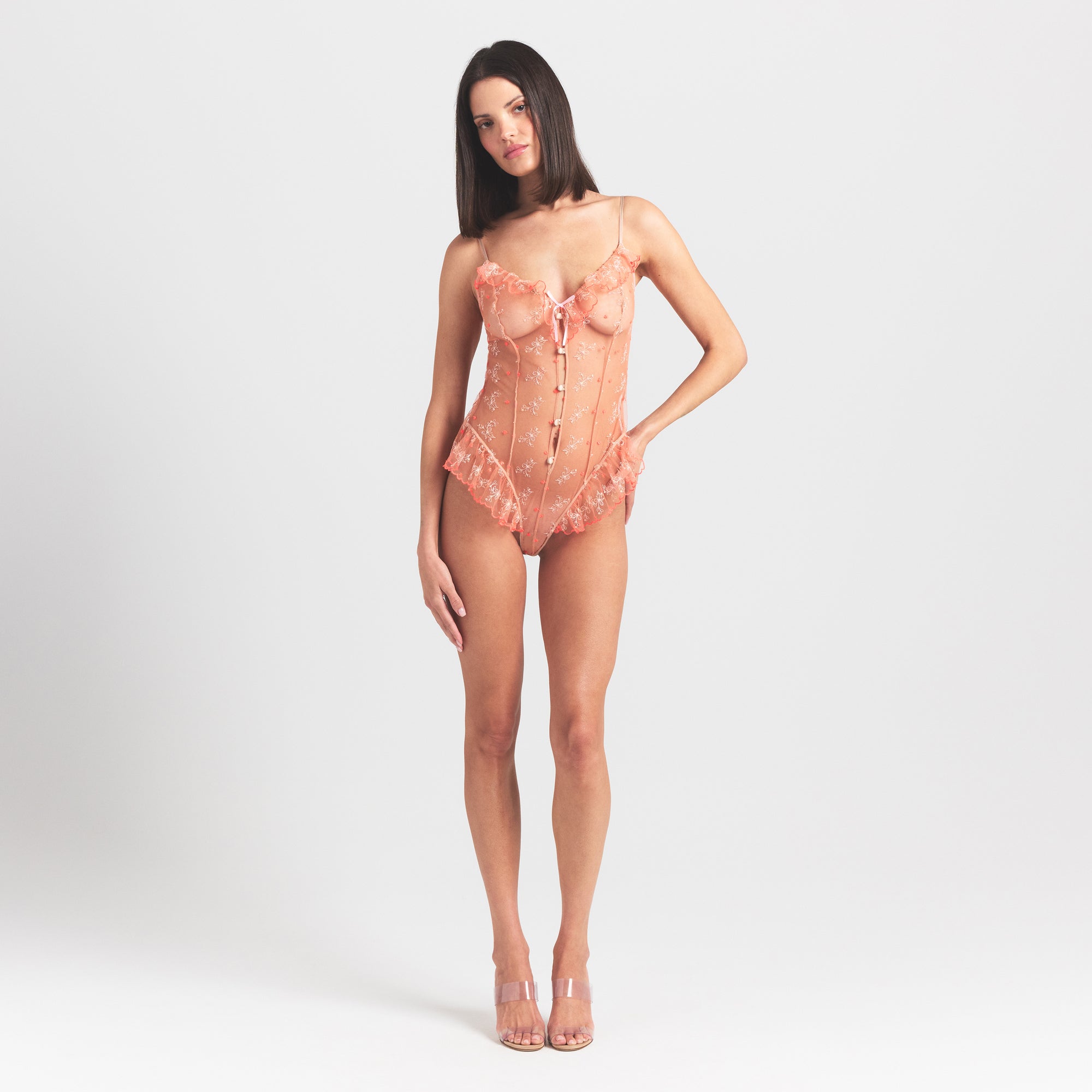 EMBROIDERED TULLE GARTER TEDDY | GUAVA HEART TULLE ON A MODEL FRONT VIEW @ | FOCUS: 0.0, 1.0, 0.9