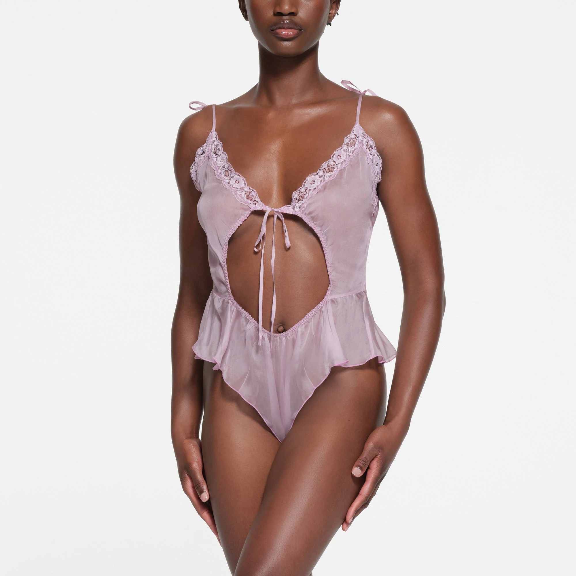 SKIMS ROMANCE TEDDY | IRIS MICA ON A MODEL FRONT VIEW