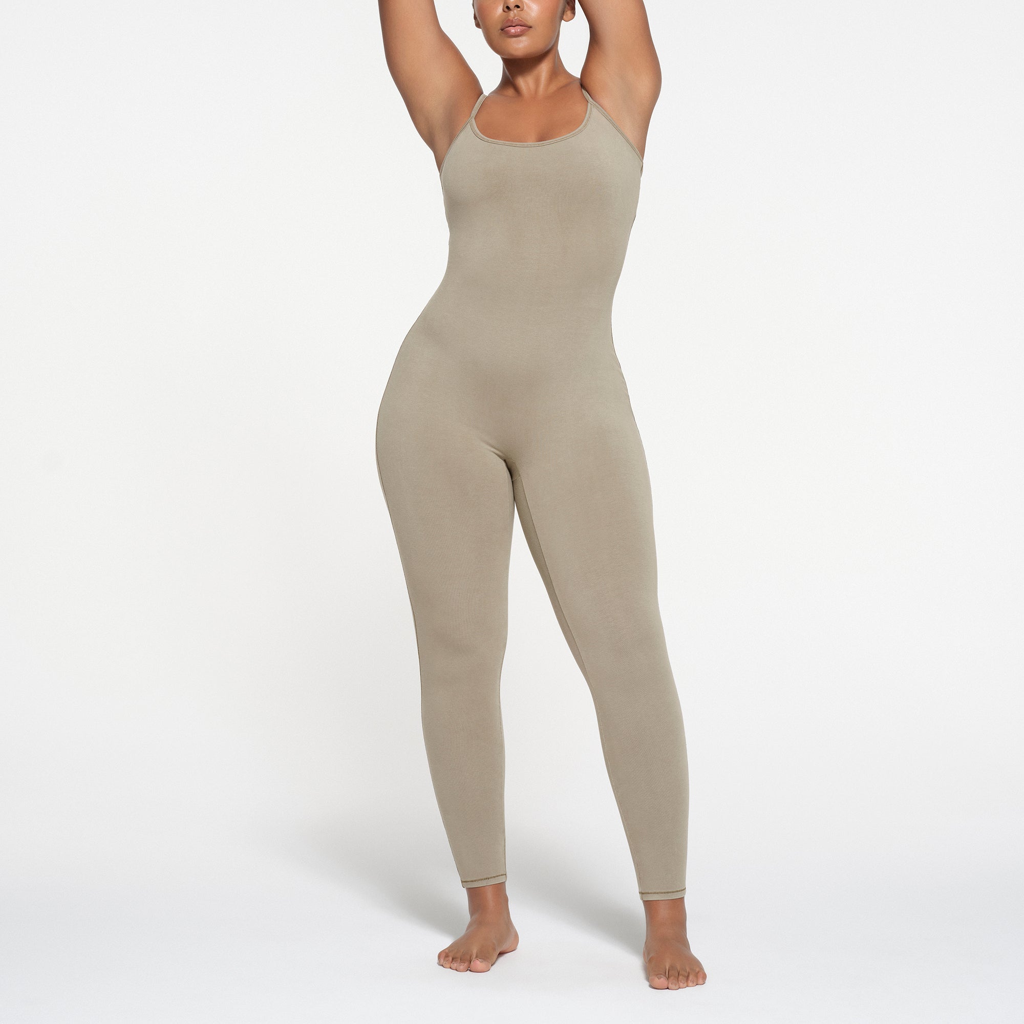 OUTDOOR CAMI CATSUIT | TAUPE ON A MODEL FRONT VIEW
