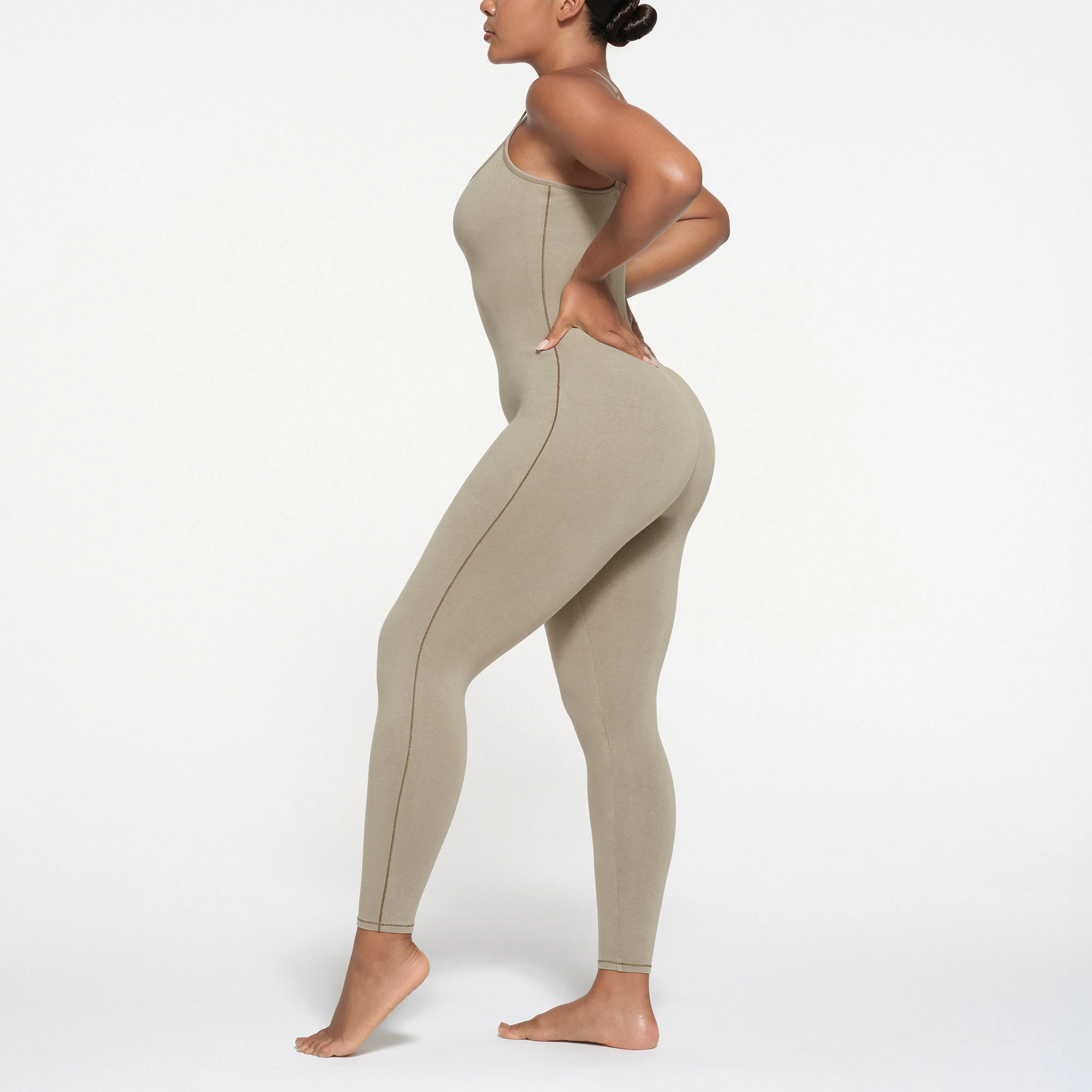 OUTDOOR CAMI CATSUIT | TAUPE ON A MODEL SIDE VIEW