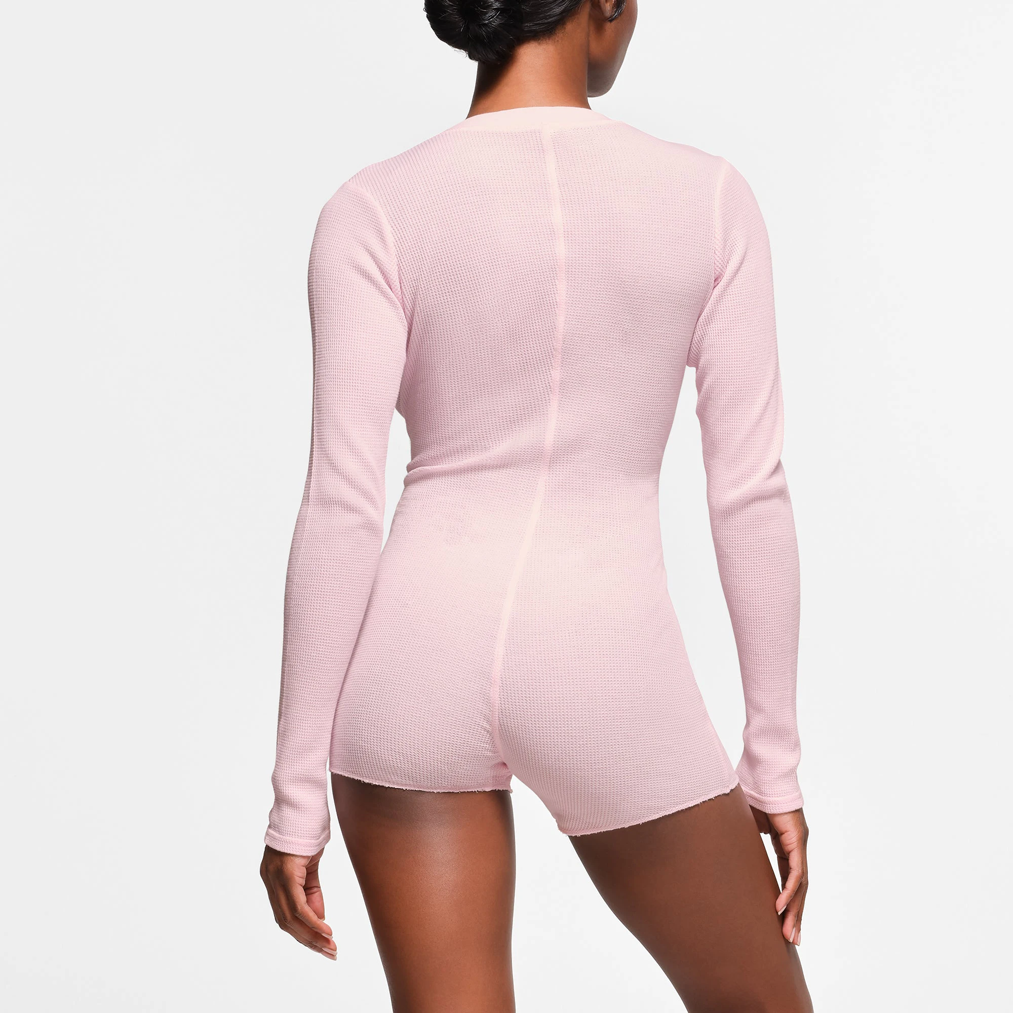 WAFFLE BUTTON UP HENLEY ONESIE | CHERRY BLOSSOM ON A MODEL BACK VIEW