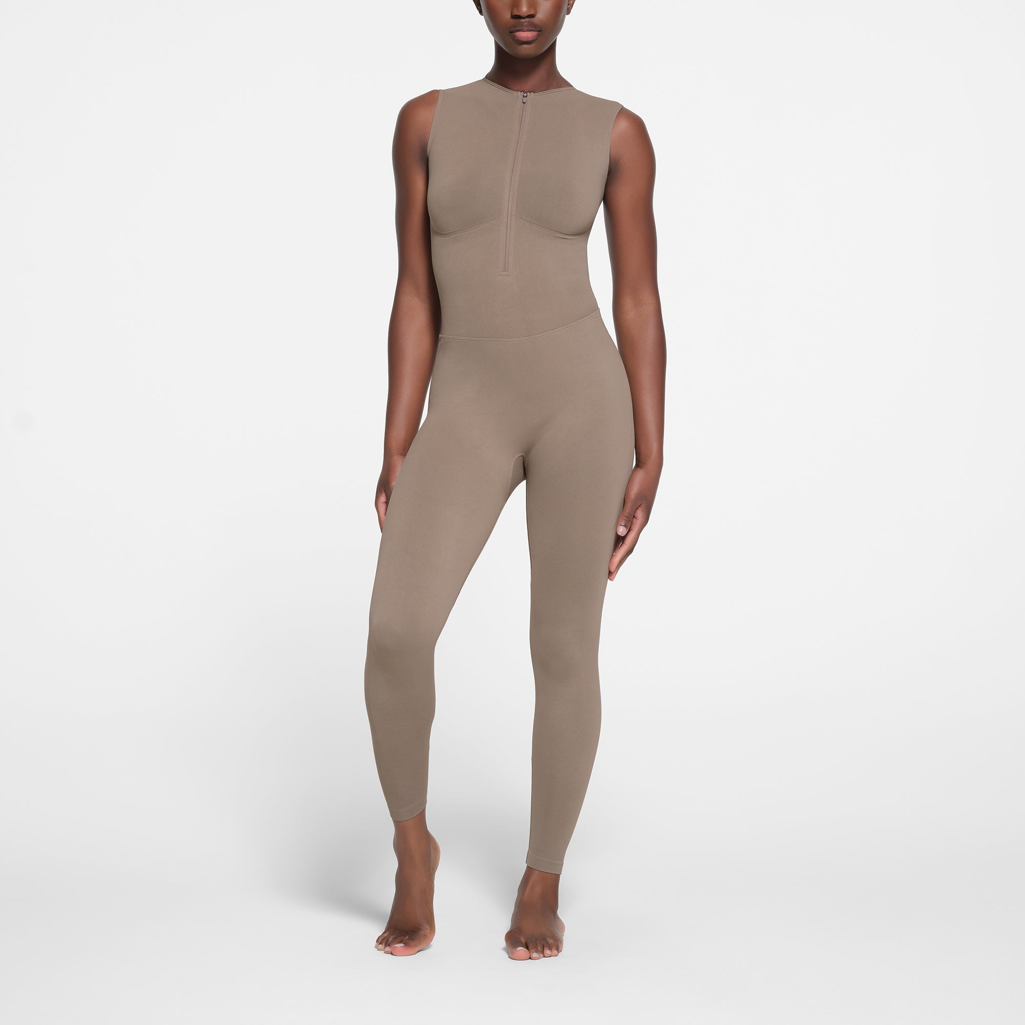 CONTOUR NYLON ZIP FRONT CATSUIT | TRUFFLE | XXS/XS