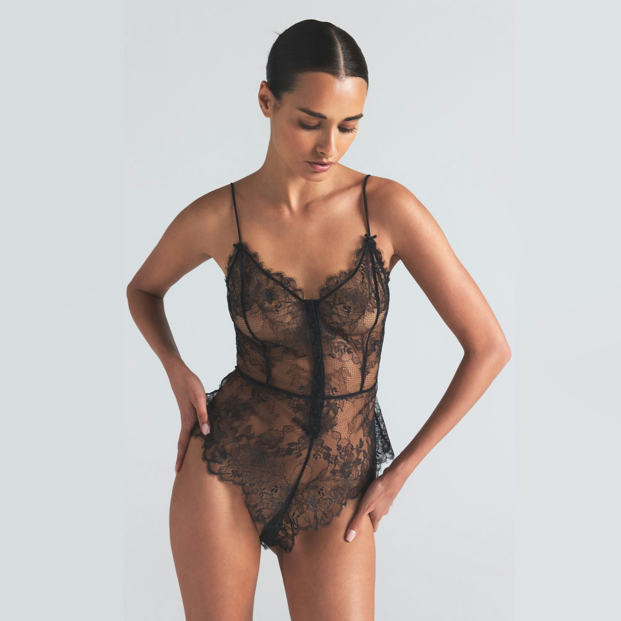 ULTRA FINE LACE TEDDY | ONYX ON A MODEL SIDE  ON A MODEL FRONT VIEW | FOCUS: 0.0, 1.0, 0.9