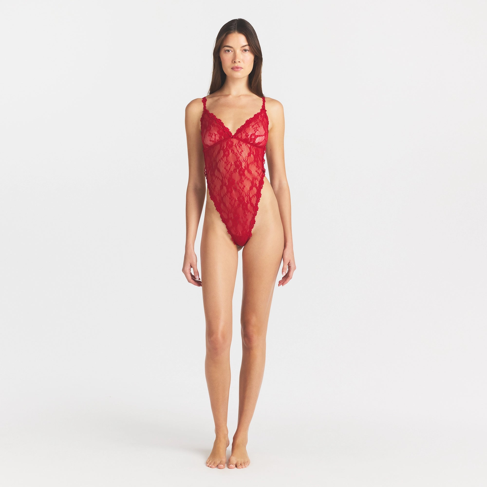 STRETCH LACE TEDDY | CARDINAL ON A MODEL FRONT VIEW @ | FOCUS: 0.0, 1.0, 0.9