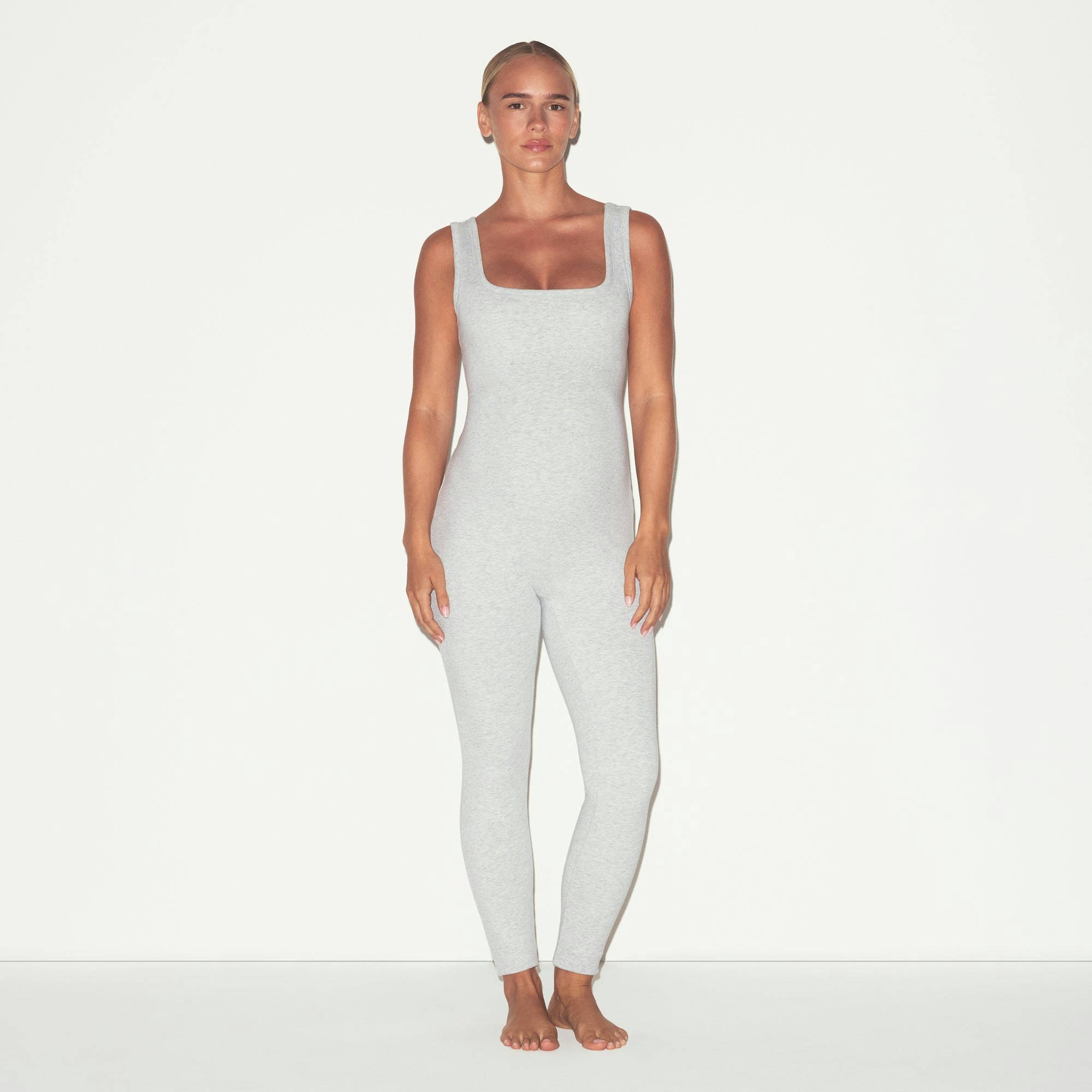 COTTON JERSEY MATERNITY CATSUIT | LIGHT HEATHER GREY ON A MODEL FRONT VIEW @ | FOCUS: 0.0, 1.0, 0.9