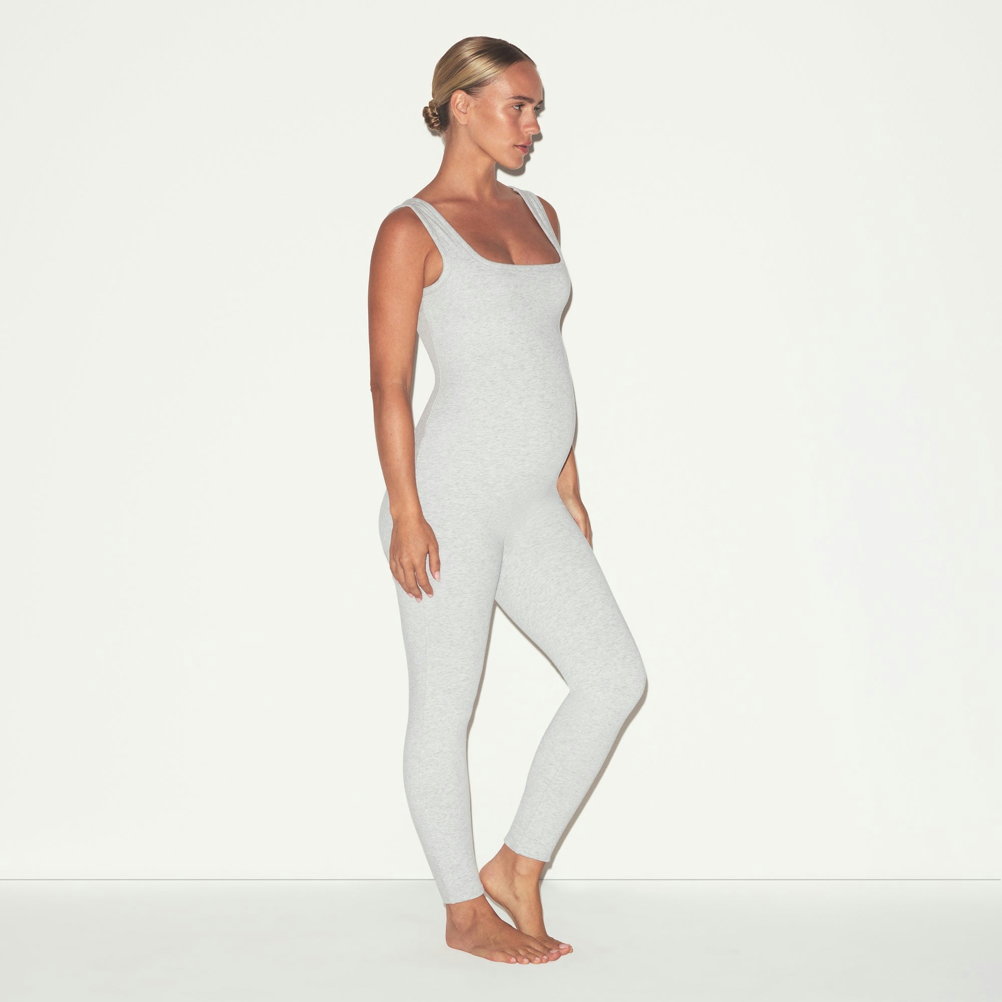COTTON JERSEY MATERNITY CATSUIT | LIGHT HEATHER GREY ON A MODEL FRONT VIEW @ | FOCUS: 0.0, 1.0, 0.9