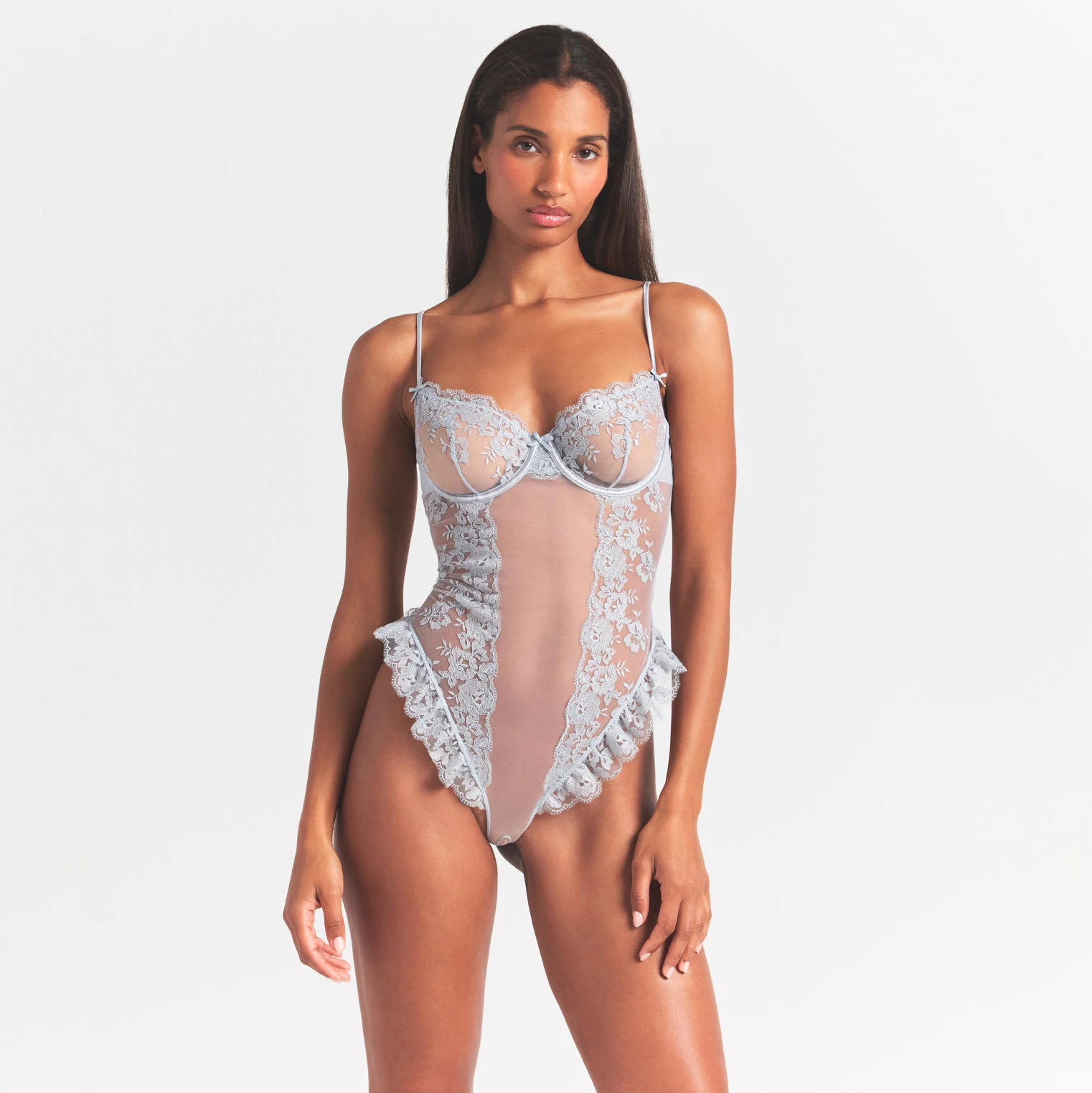 EMBROIDERED LINGERIE UNLINED CROTCHLESS TEDDY | PEARL ON A MODEL FRONT VIEW @ | FOCUS: 0.0, 1.0, 0.9