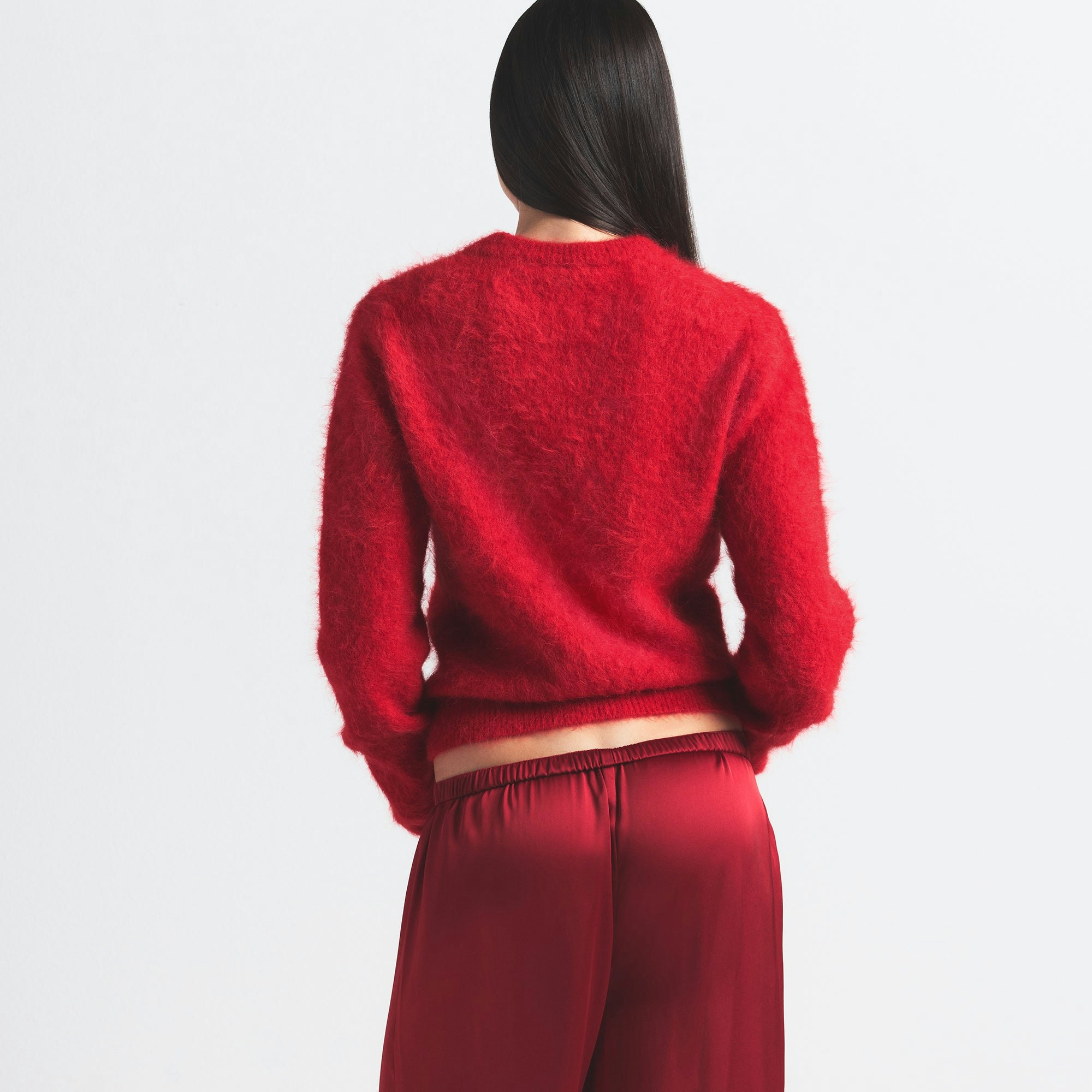 BRUSHED ALPACA CREWNECK SWEATER | CRANBERRY ON A MODEL BACK VIEW @ | FOCUS: 0.0, 1.0, 0.9