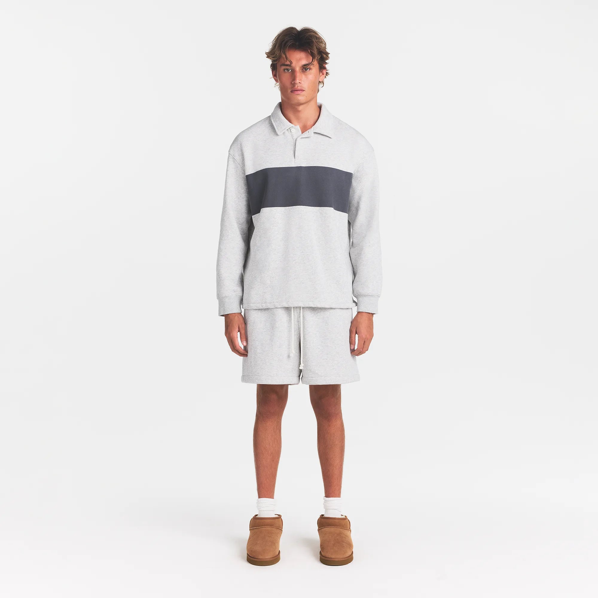 FLEECE LOUNGE MENS RUGBY POLO | LIGHT HEATHER GREY ON A MODEL | FOCUS: 0.0, 1.0, 0.9