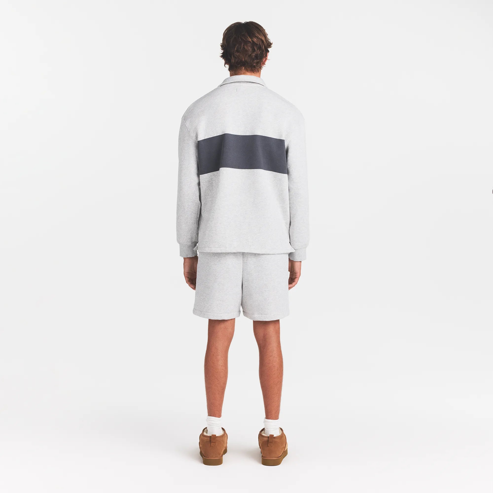 FLEECE LOUNGE MENS RUGBY POLO | LIGHT HEATHER GREY ON A MODEL | FOCUS: 0.0, 1.0, 0.9