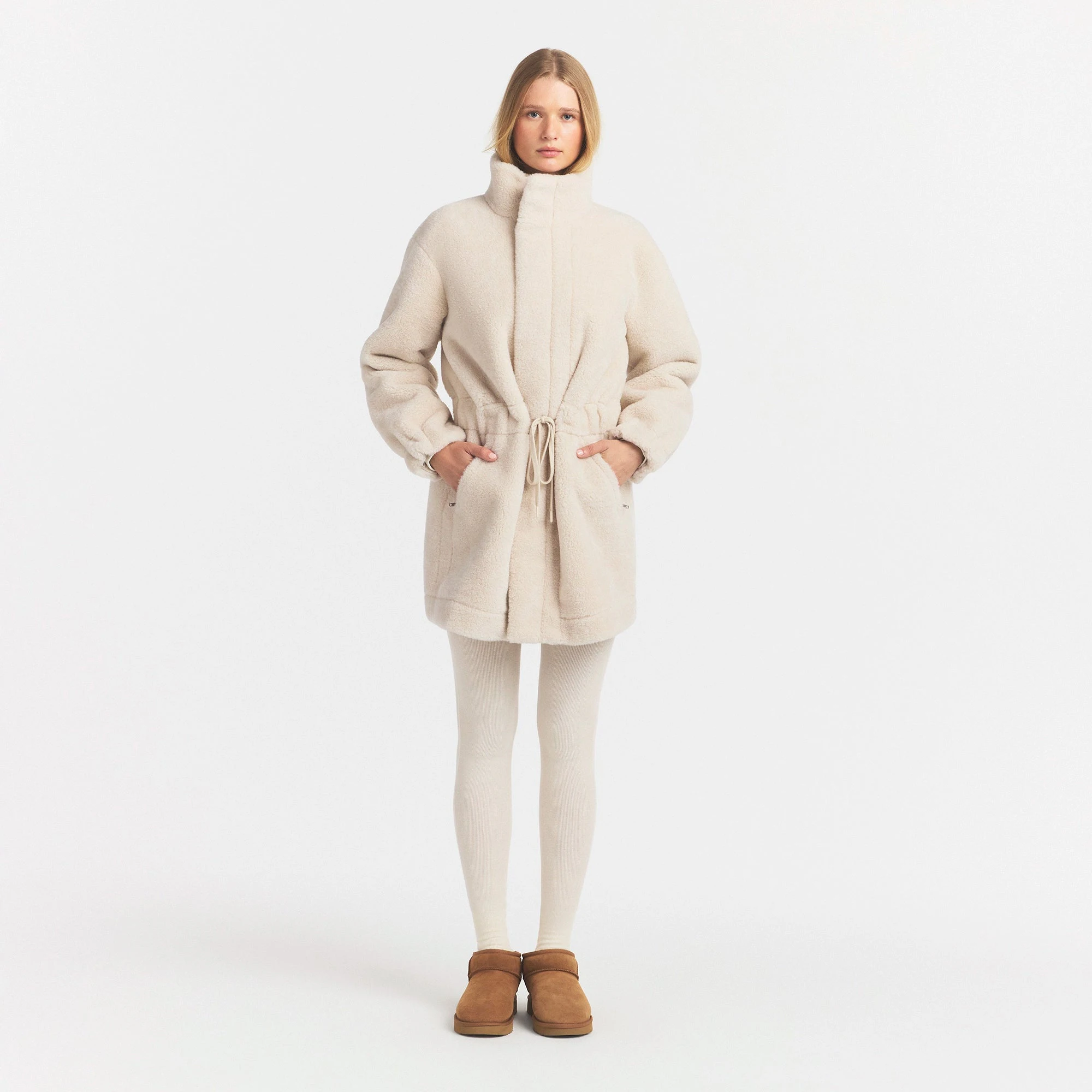 FAUX SHEARLING ZIP UP JACKET | BUFF ON A MODEL FRONT VIEW @ | FOCUS: 0.0, 1.0, 0.9