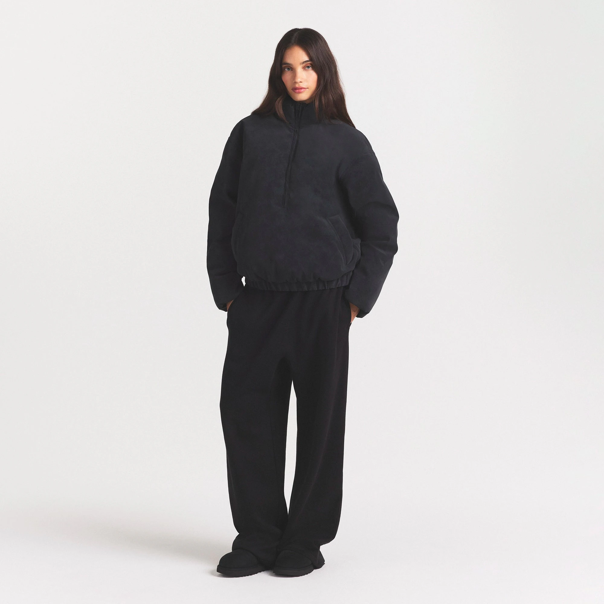 FAUX SUEDE HALF ZIP JACKET | ONYX & LAYS FLAT ON A WHITE BACKGROUND | FLT @ | FOCUS: 0.0, 1.0, 0.9