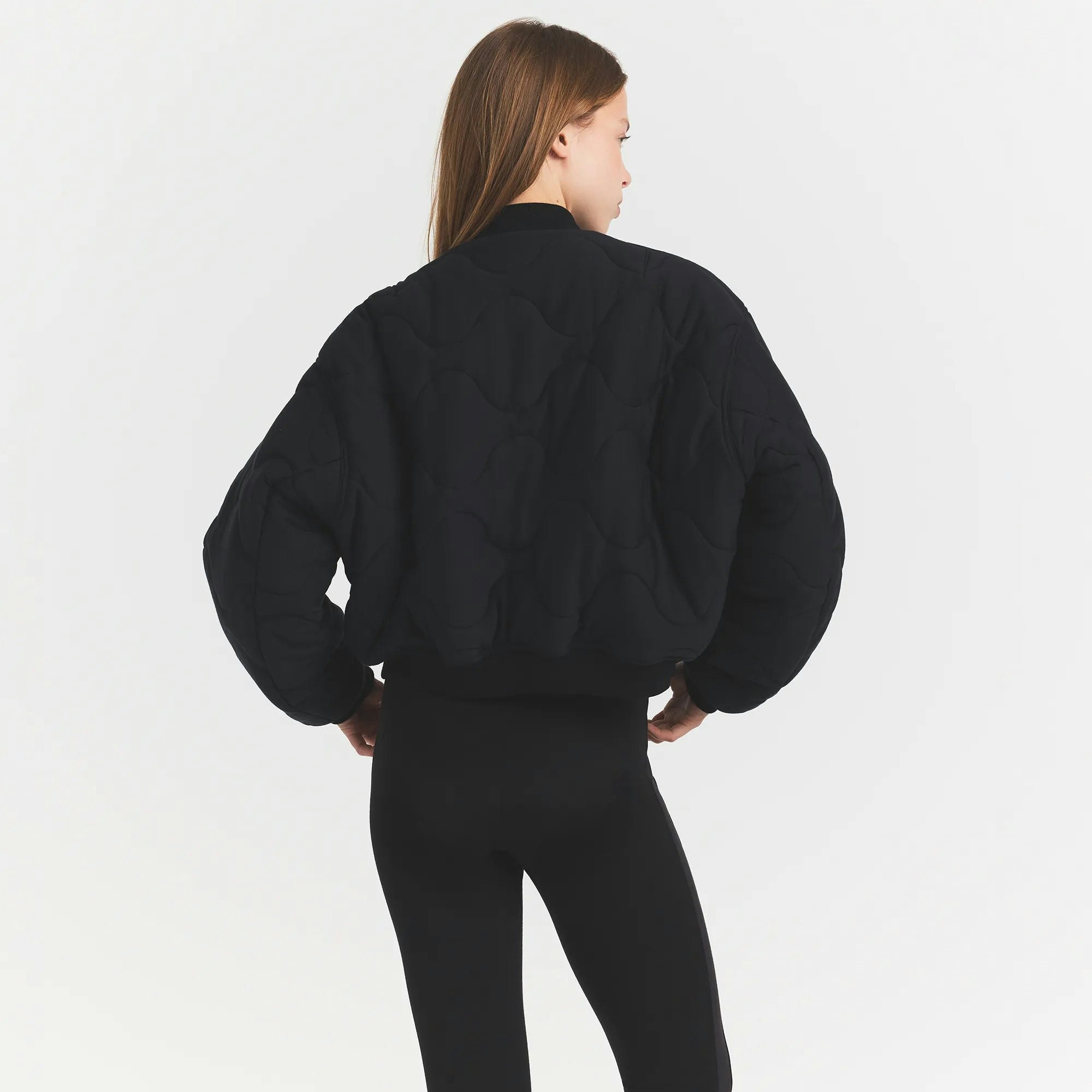 NEOPRENE OUTERWEAR REVERSIBLE BOMBER JACKET | OBSIDIAN ON A MODEL BACKVIEW @ | FOCUS: 0.0, 1.0, 0.9 