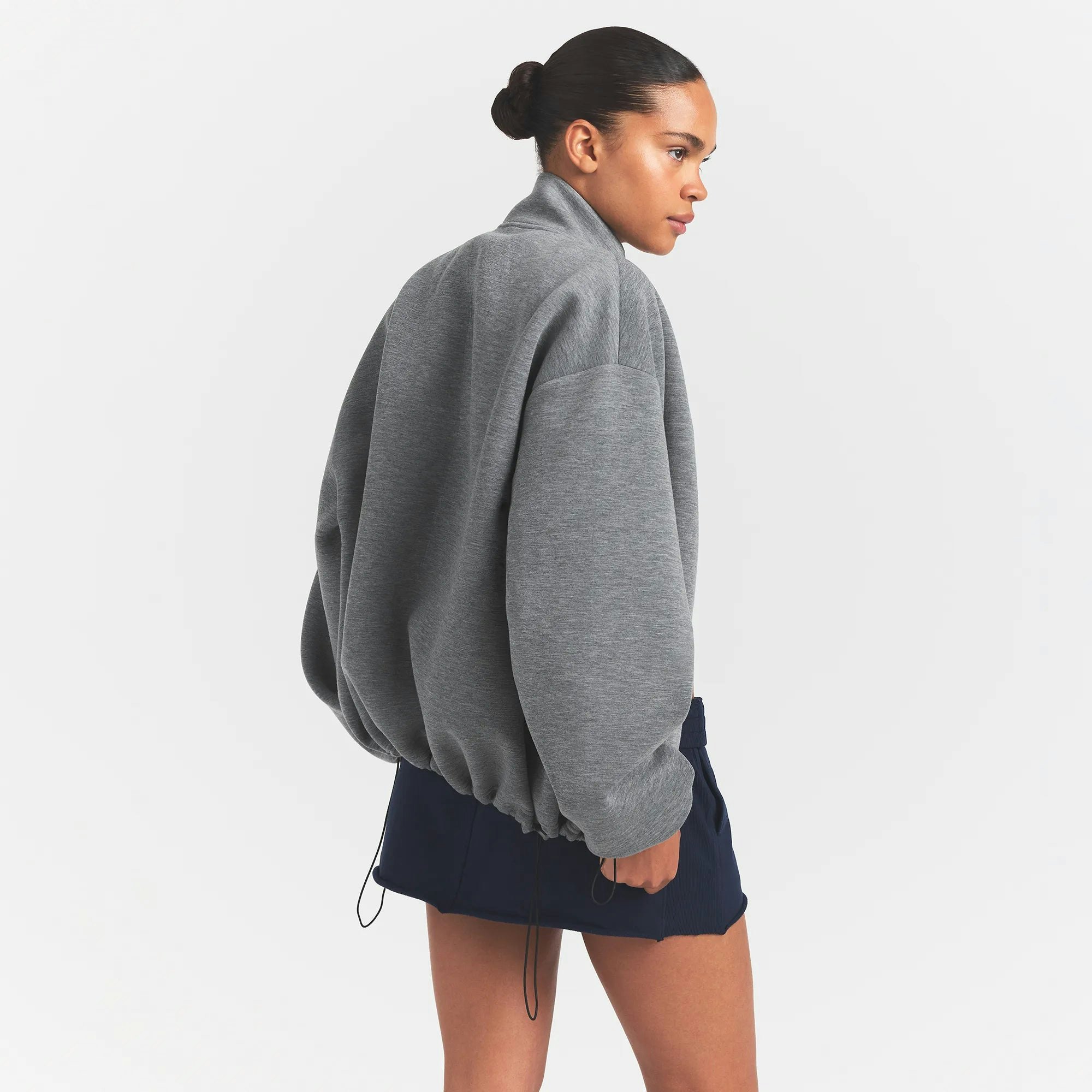 NEOPRENE OUTERWEAR OVERSIZED MOCK NECK JACKET | DARK HEATHER GREY ON A MODEL SIDEVIEW @ | FOCUS: 0.0, 1.0, 0.9 