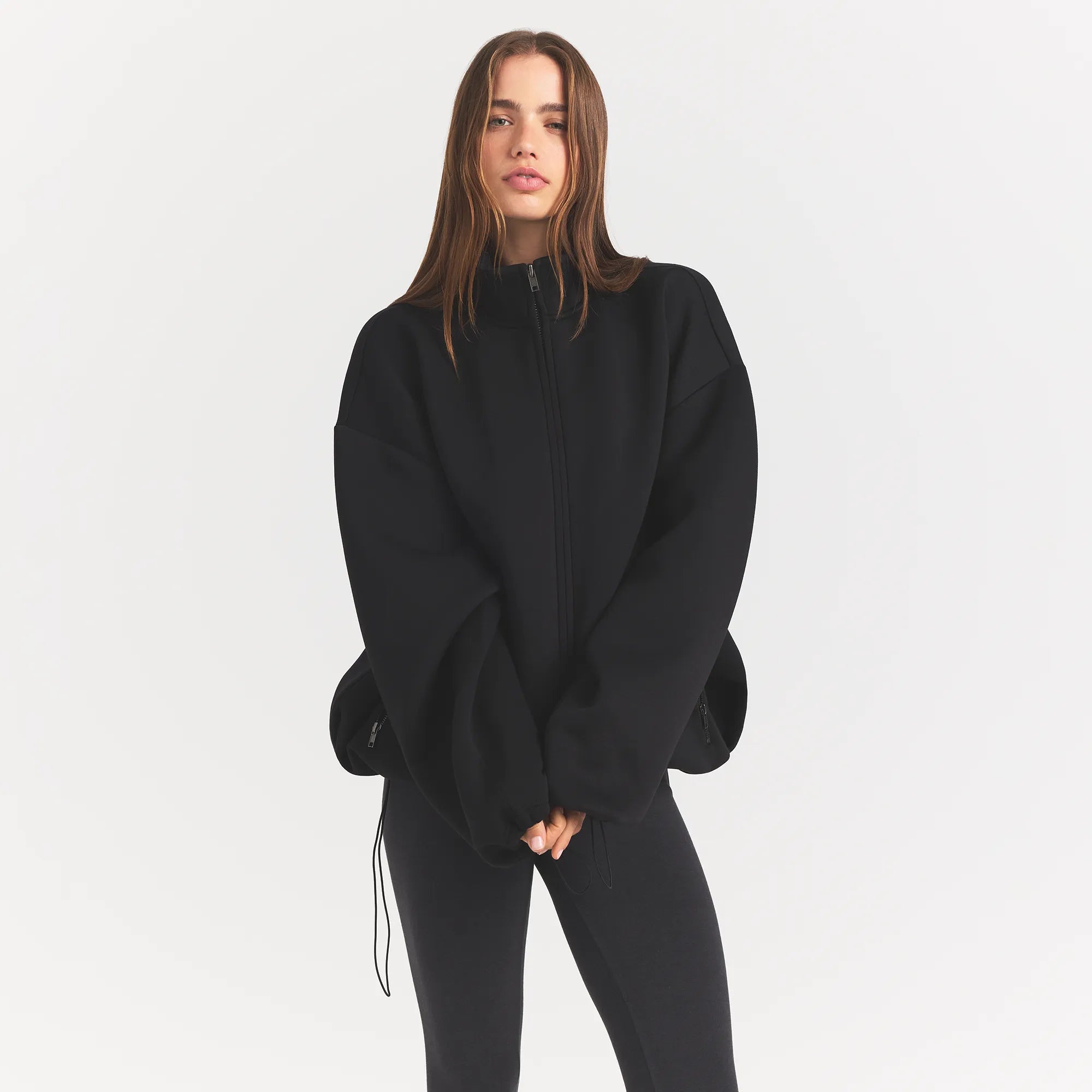 NEOPRENE OUTERWEAR OVERSIZED MOCK NECK JACKET | OBSIDIAN ON A MODEL FRONT VIEW @ | FOCUS: 0.0, 1.0, 0.9