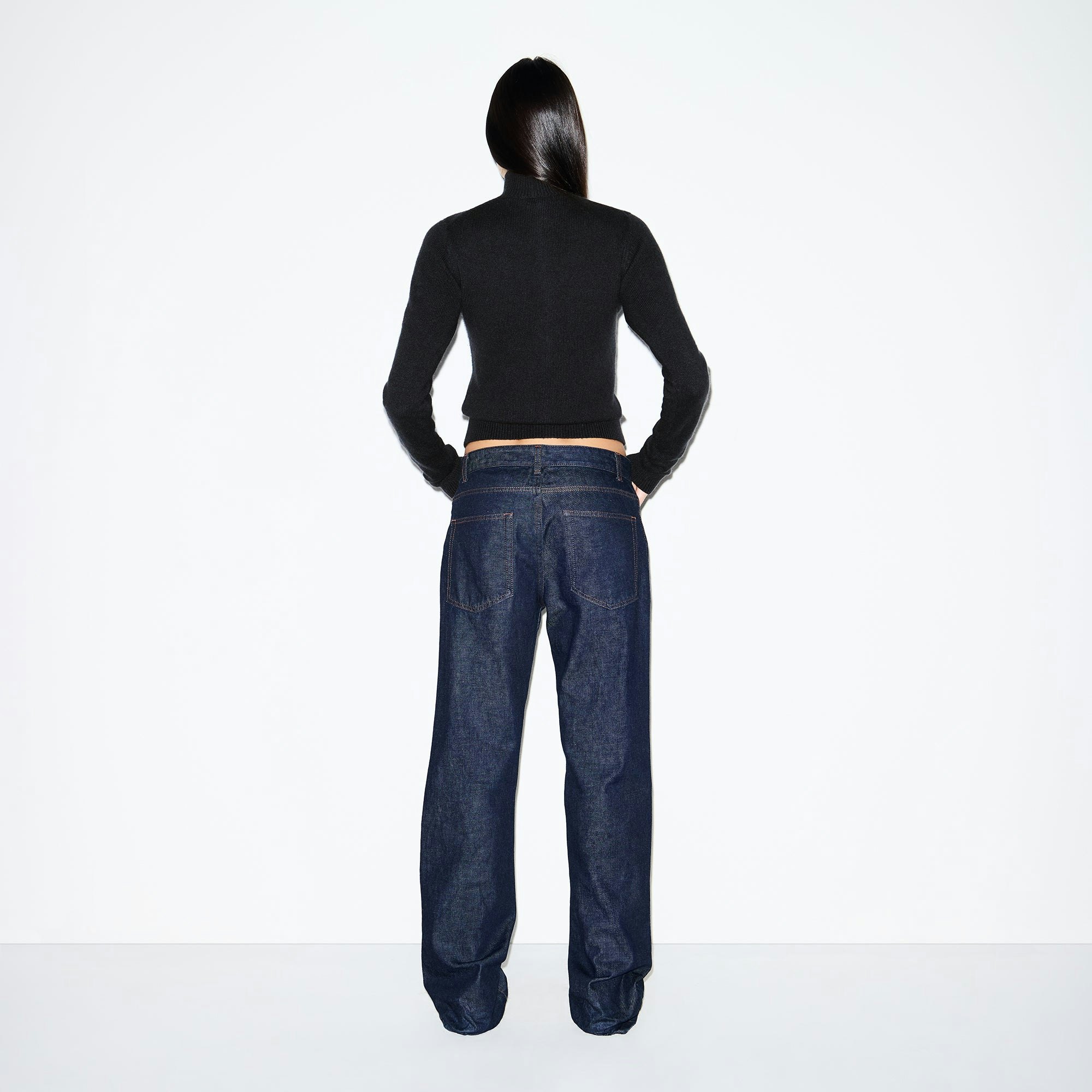 WOOL CASHMERE ZIP UP MOCK NECK SWEATER | ONYX ON A MODEL BACK VIEW @ | FOCUS: 0.0, 1.0, 0.9