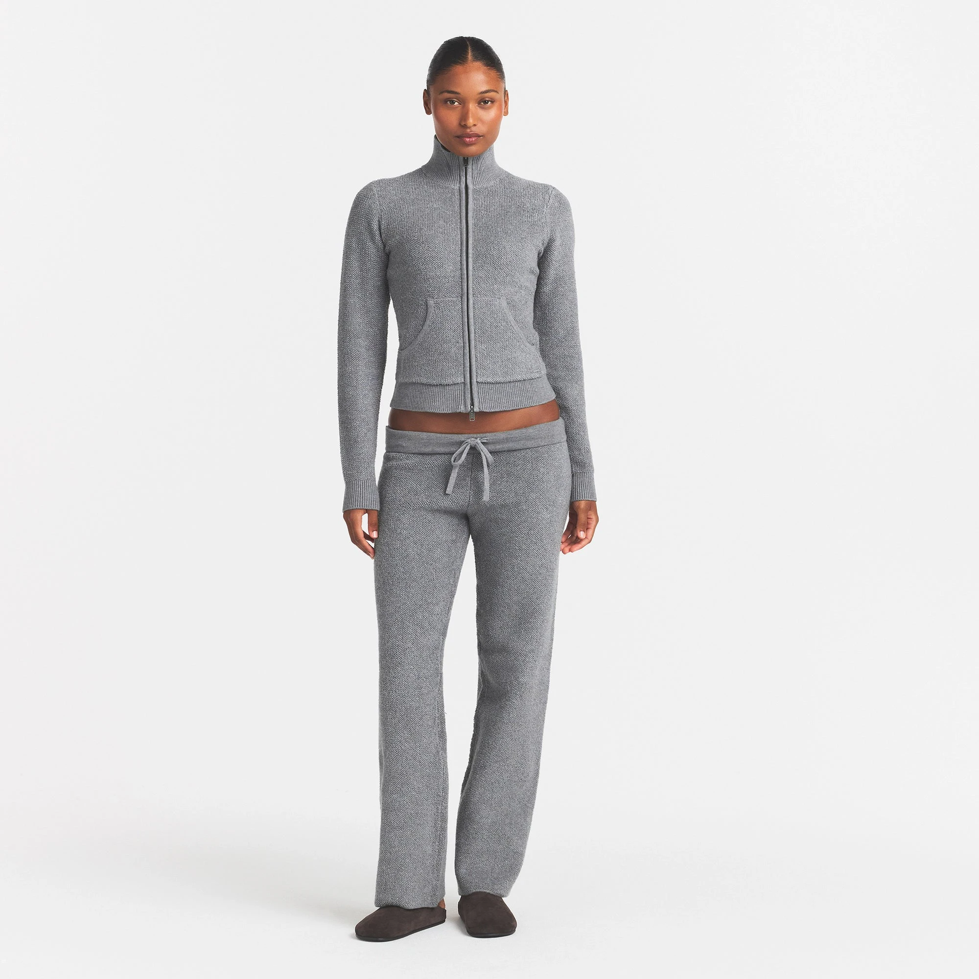 SHERPA KNIT ZIP UP | DARK HEATHER GREY ON A MODEL FRONT VIEW @ | FOCUS: 0.0, 1.0, 0.9