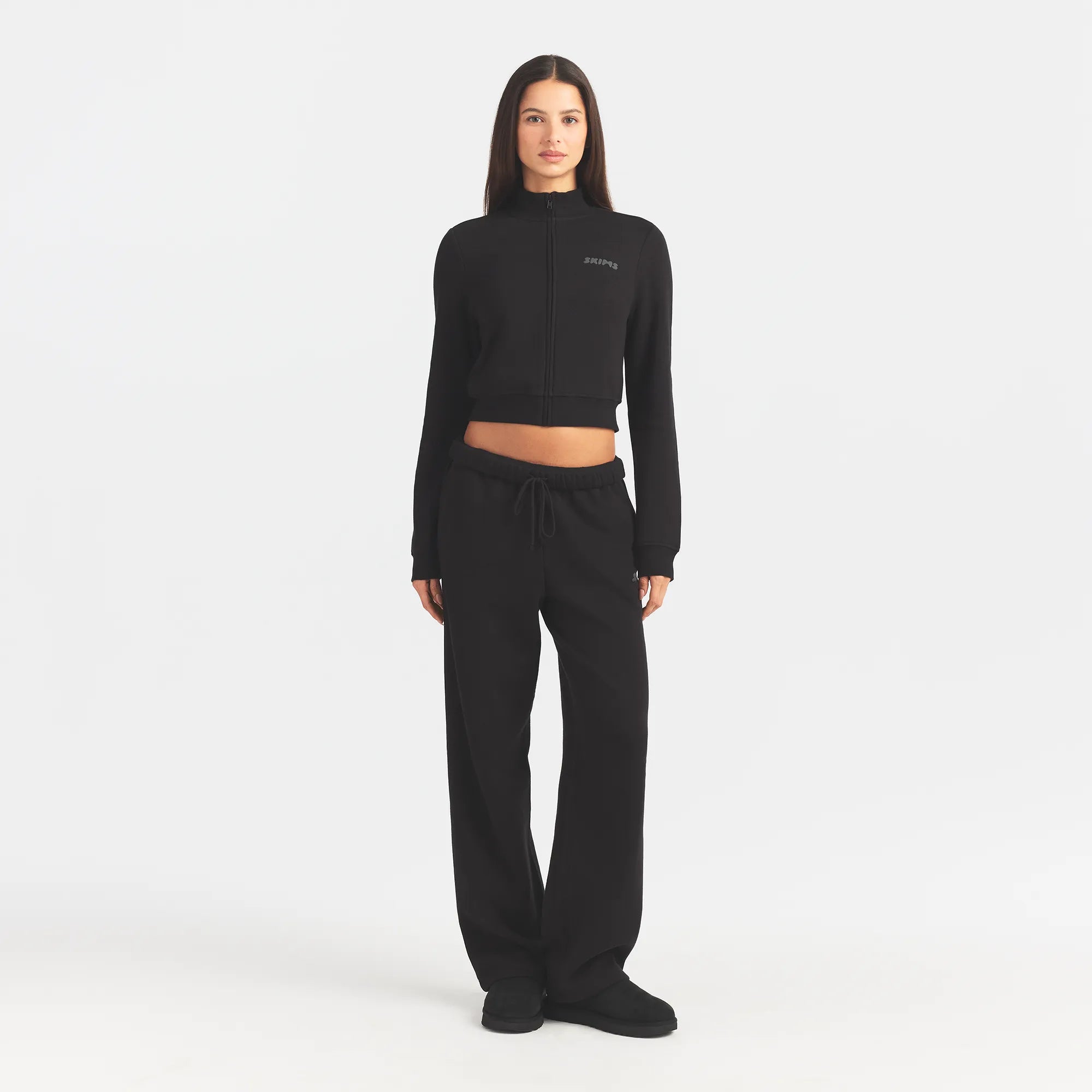 COTTON FLEECE LOGO TRACK JACKET | ONYX ON A MODEL FRONT VIEW @ | FOCUS: 0.0, 1.0, 0.9