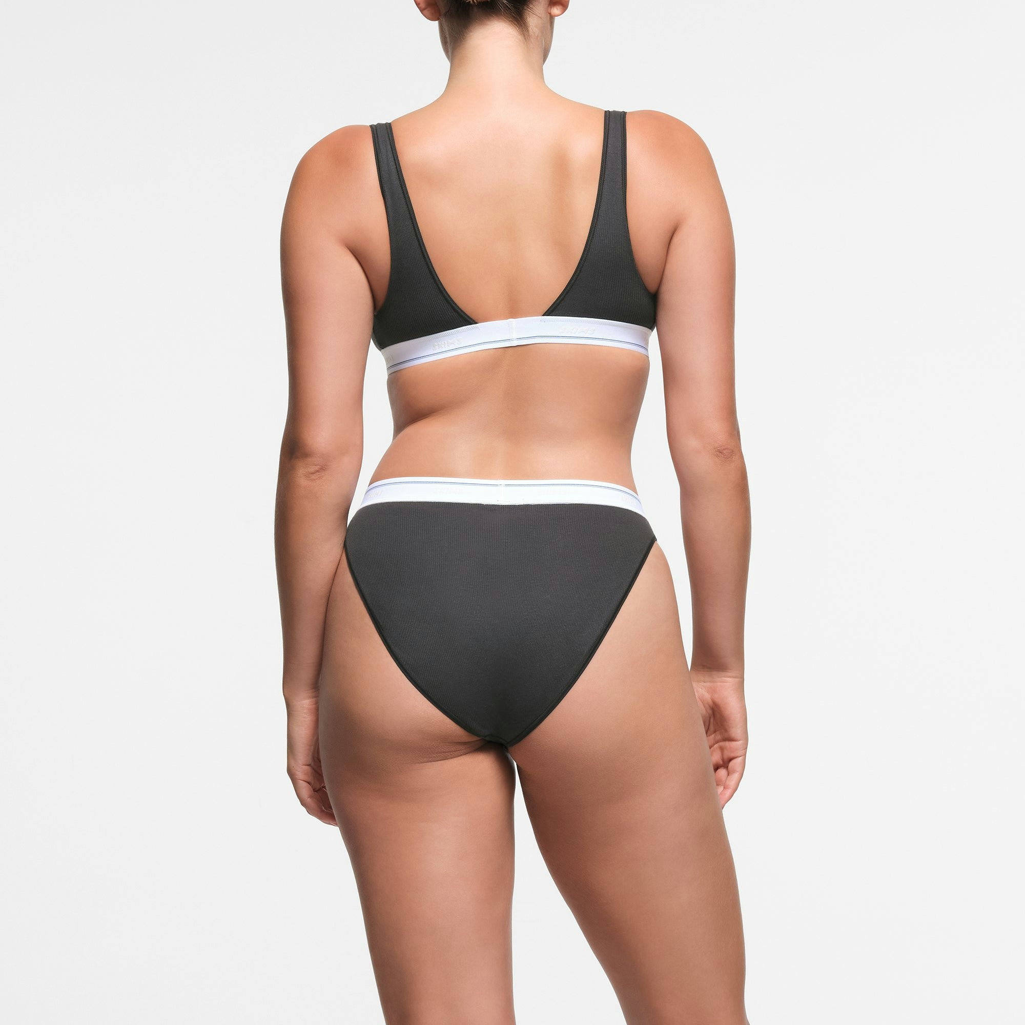 COTTON RIB PLUNGE BRALETTE | SOOT SPORT STRIPE ON A MODEL BACK VIEW