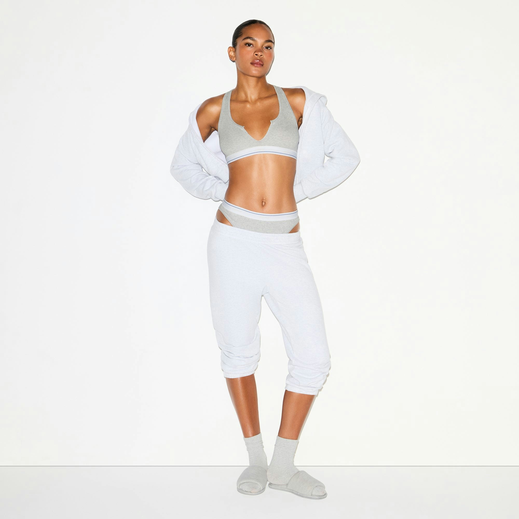 COTTON RIB SPLIT NECK BRALETTE | LIGHT HEATHER GREY STRIPE ON A MODEL FRONT VIEW @ | FOCUS: 0.0, 1.0, 0.9