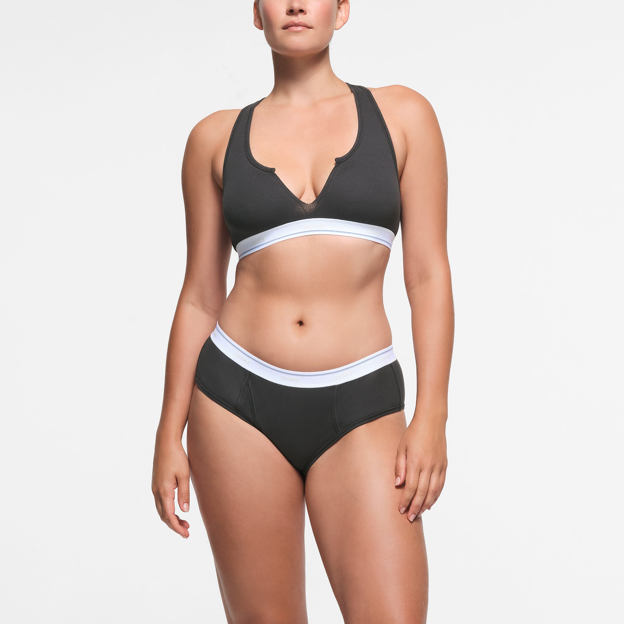 COTTON RIB SPLIT NECK BRALETTE | SOOT STRIPE